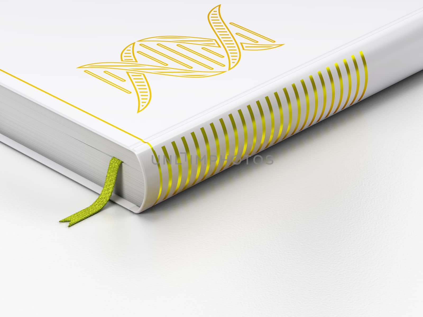 Healthcare concept: closed book with Gold DNA icon on floor, white background, 3d render