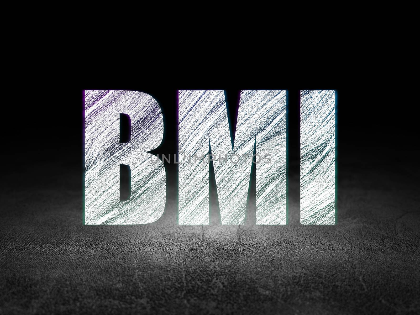 Healthcare concept: Glowing text BMI in grunge dark room with Dirty Floor, black background