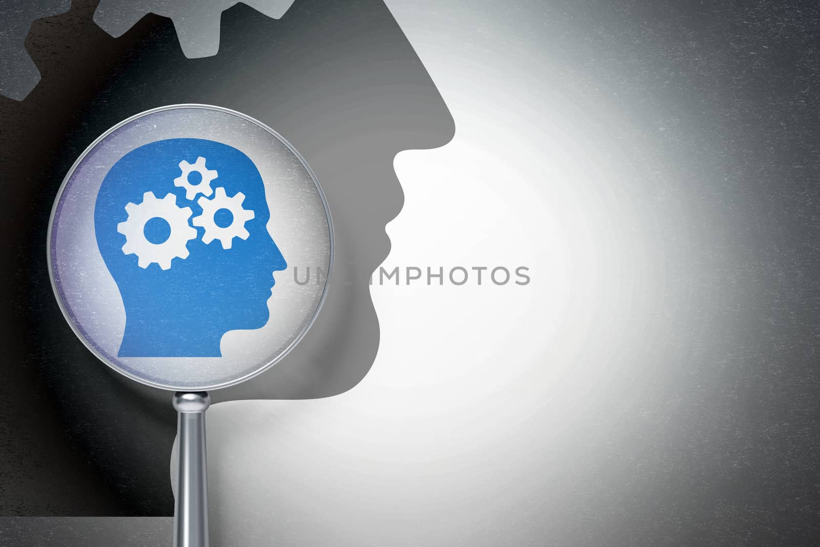 Education concept:  Head With Gears with optical glass on digital background by maxkabakov