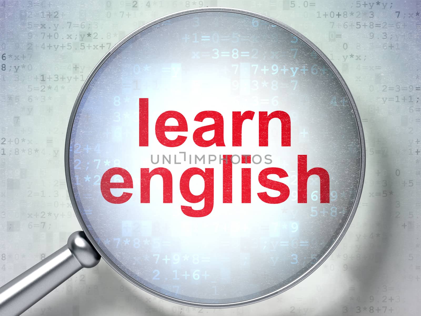 Education concept: magnifying optical glass with words Learn English on digital background
