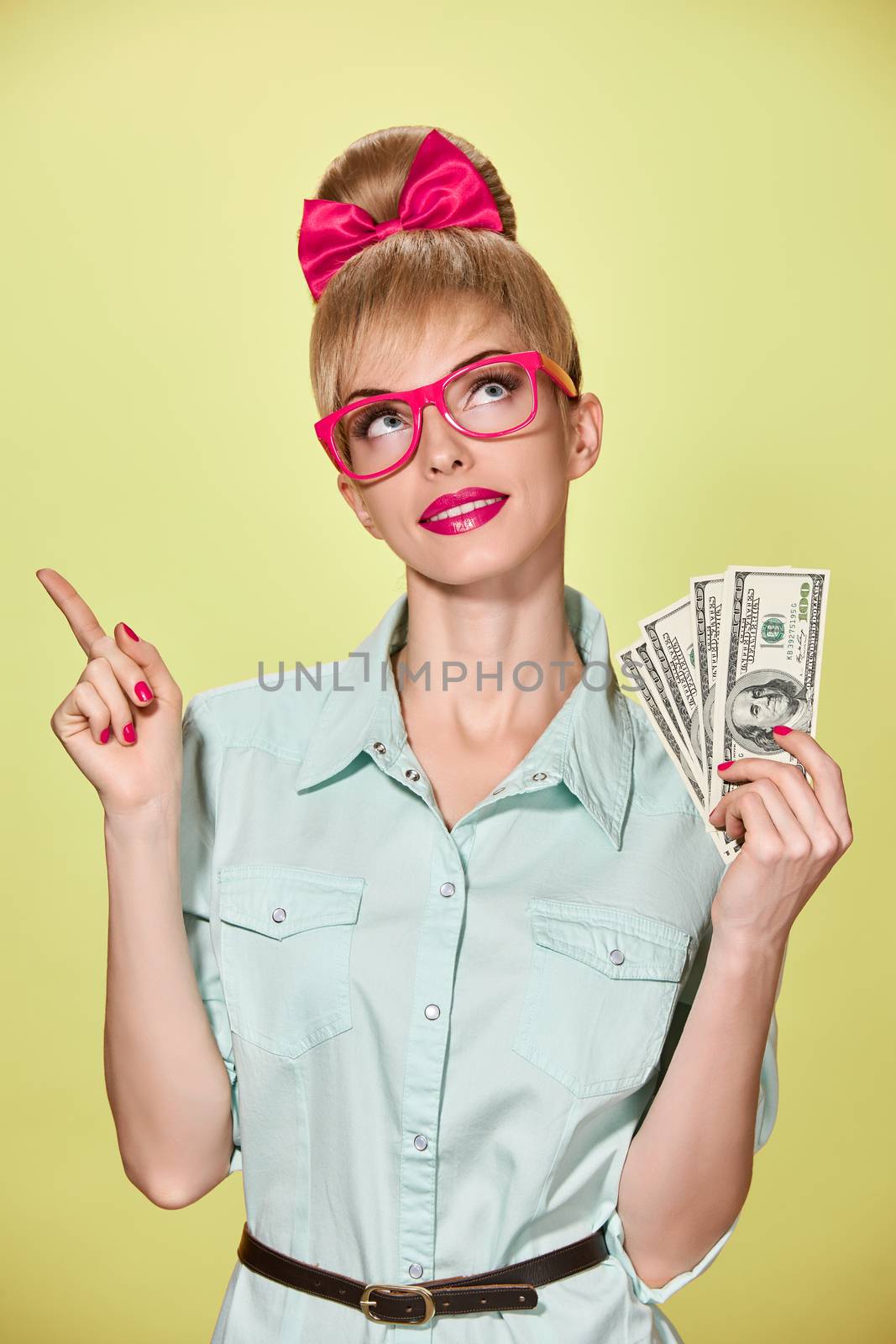 Beauty fashion. Money, business woman with dollar by 918