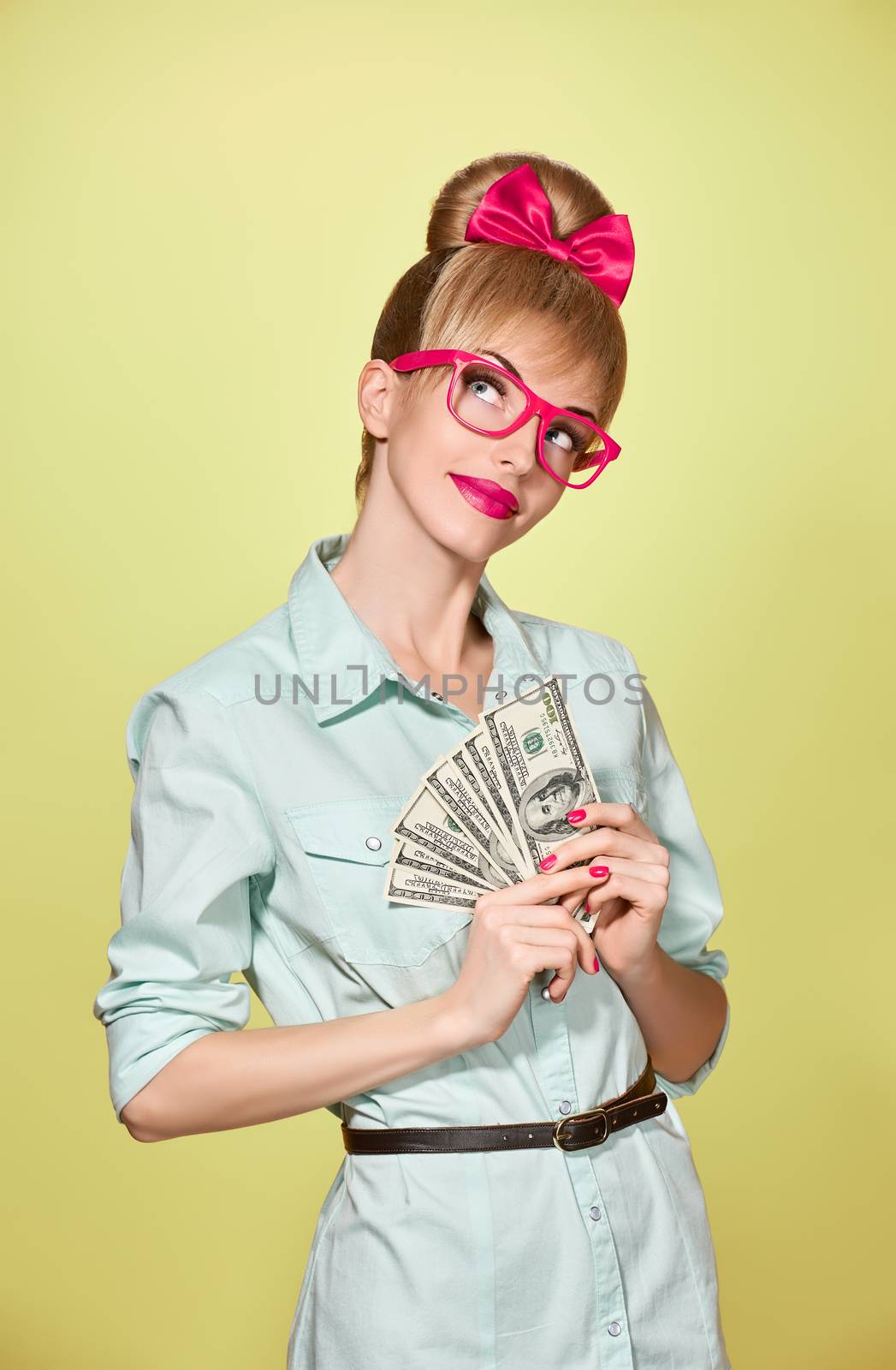 Beauty fashion. Money, business woman with dollar by 918