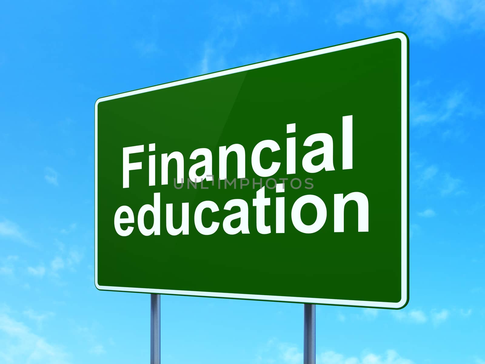 Education concept: Financial Education on green road highway sign, clear blue sky background, 3d render
