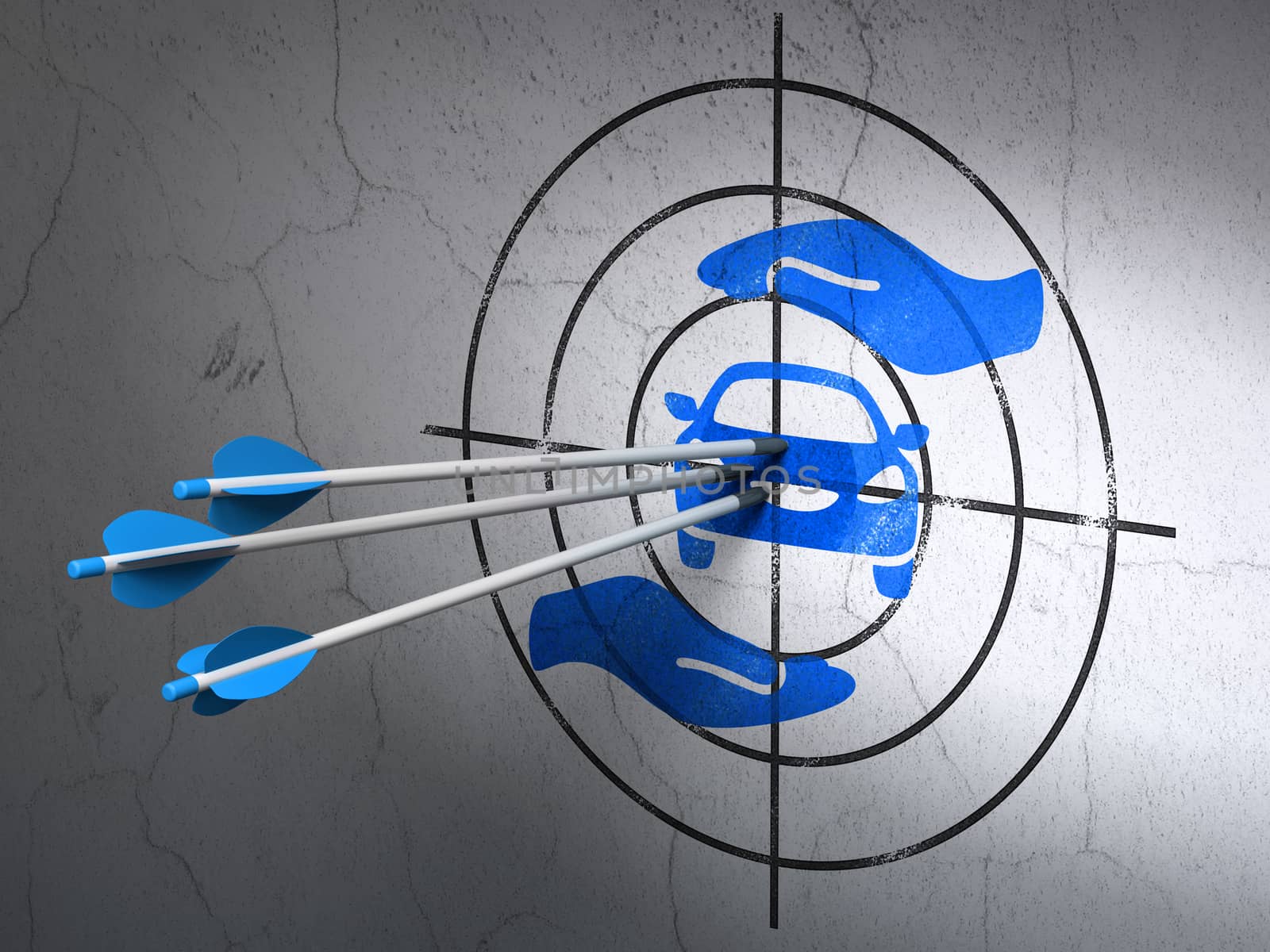 Success Insurance concept: arrows hitting the center of Blue Car And Palm target on wall background