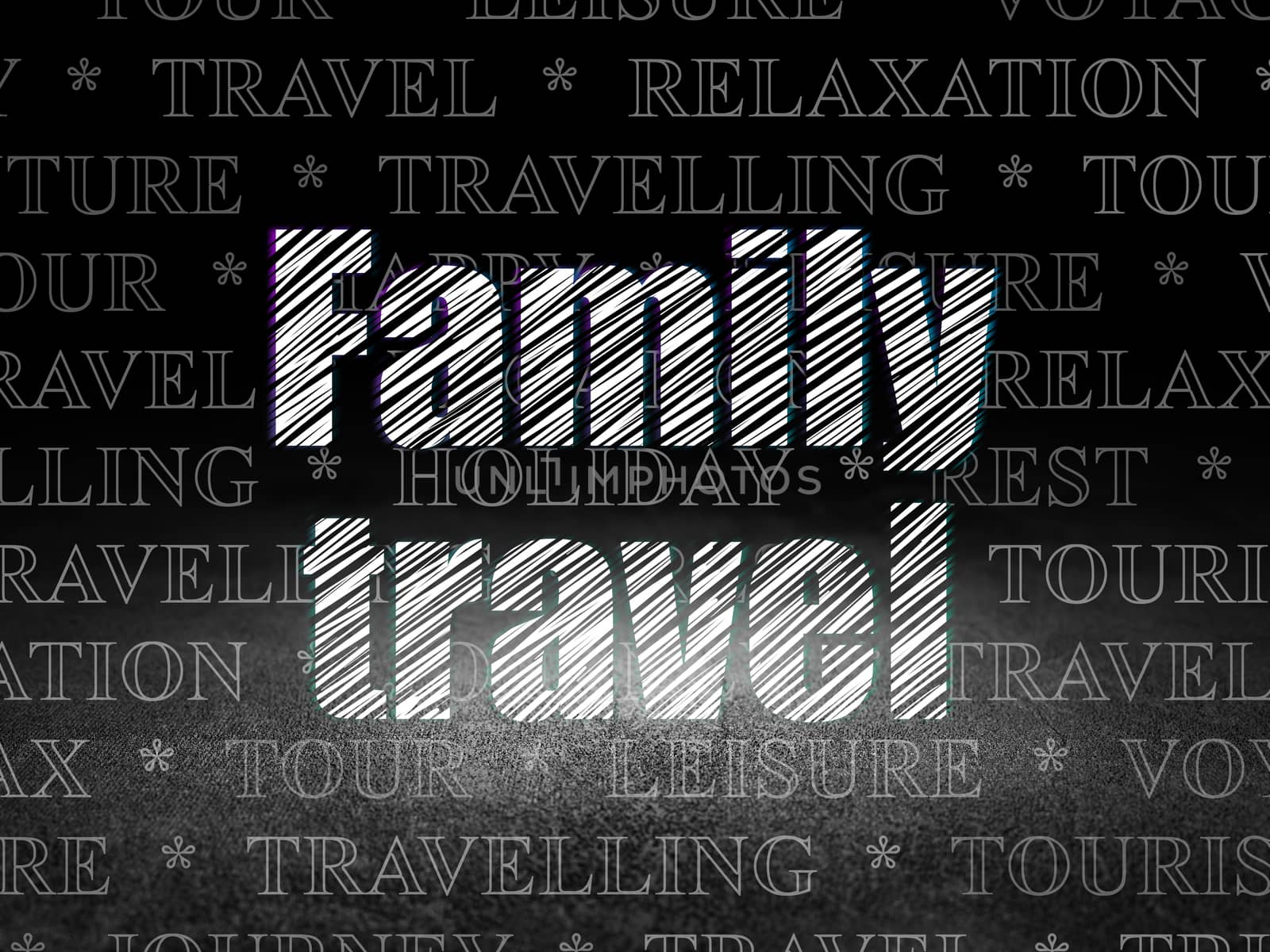 Tourism concept: Glowing text Family Travel in grunge dark room with Dirty Floor, black background with  Tag Cloud
