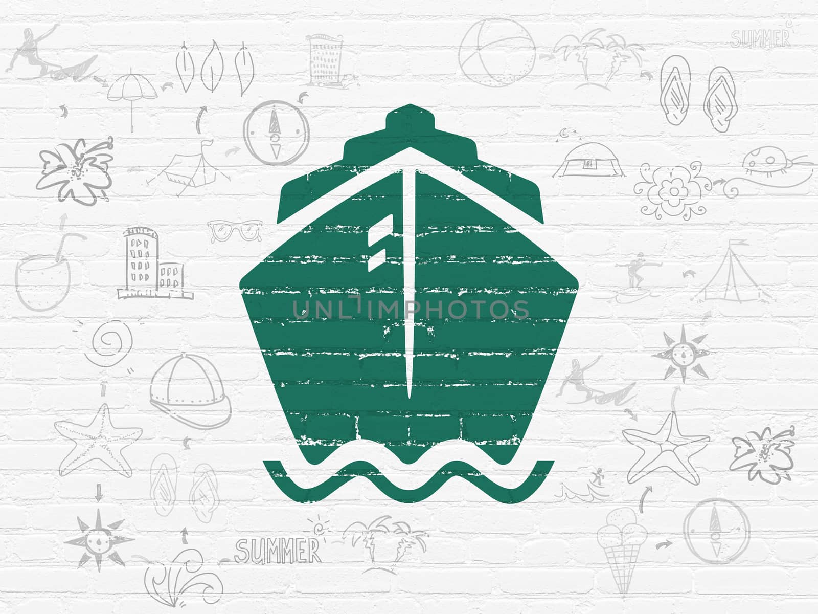 Tourism concept: Painted green Ship icon on White Brick wall background with Scheme Of Hand Drawn Vacation Icons