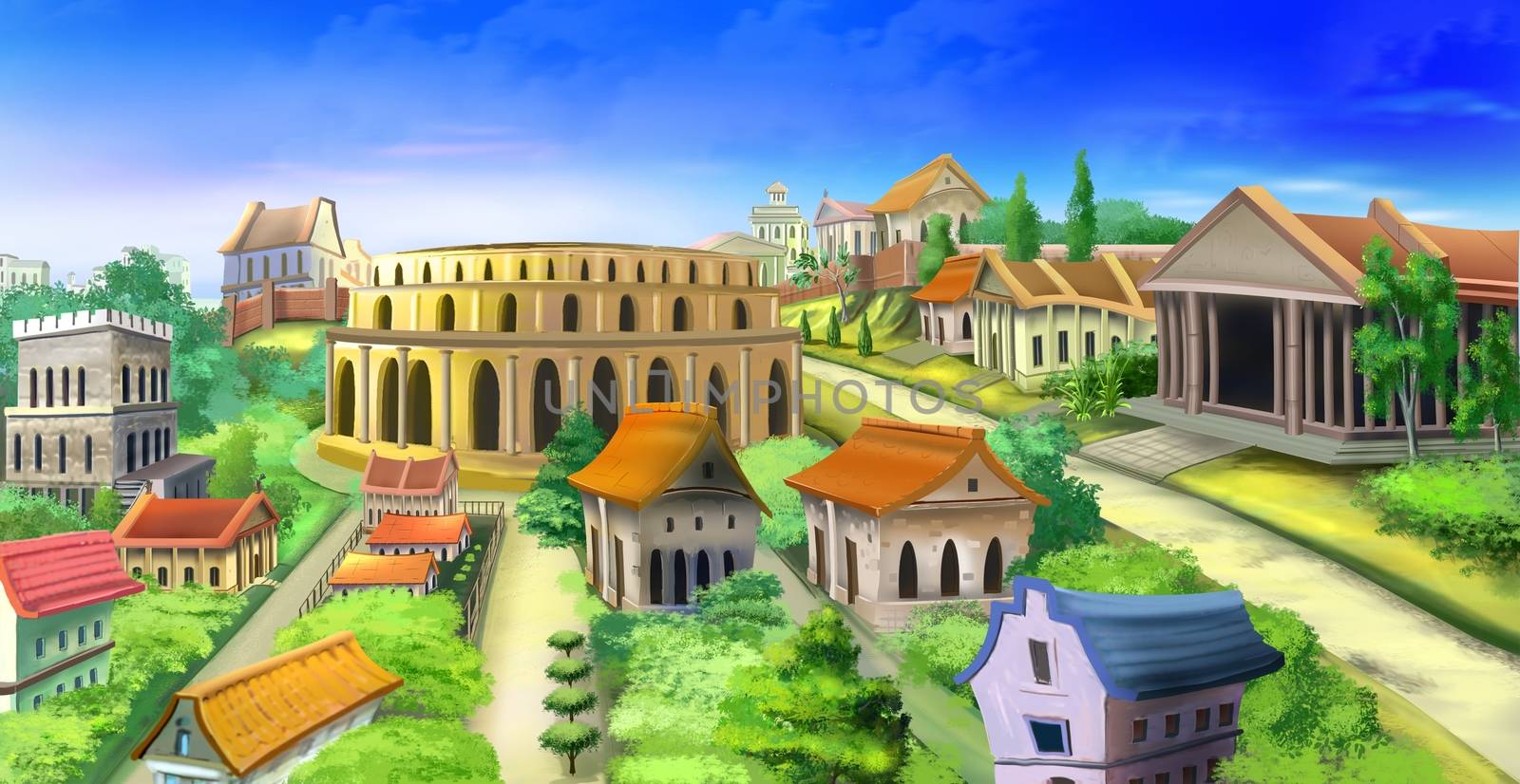 Digital painting of ancient Rome with  buildings, trees and Coliseum.