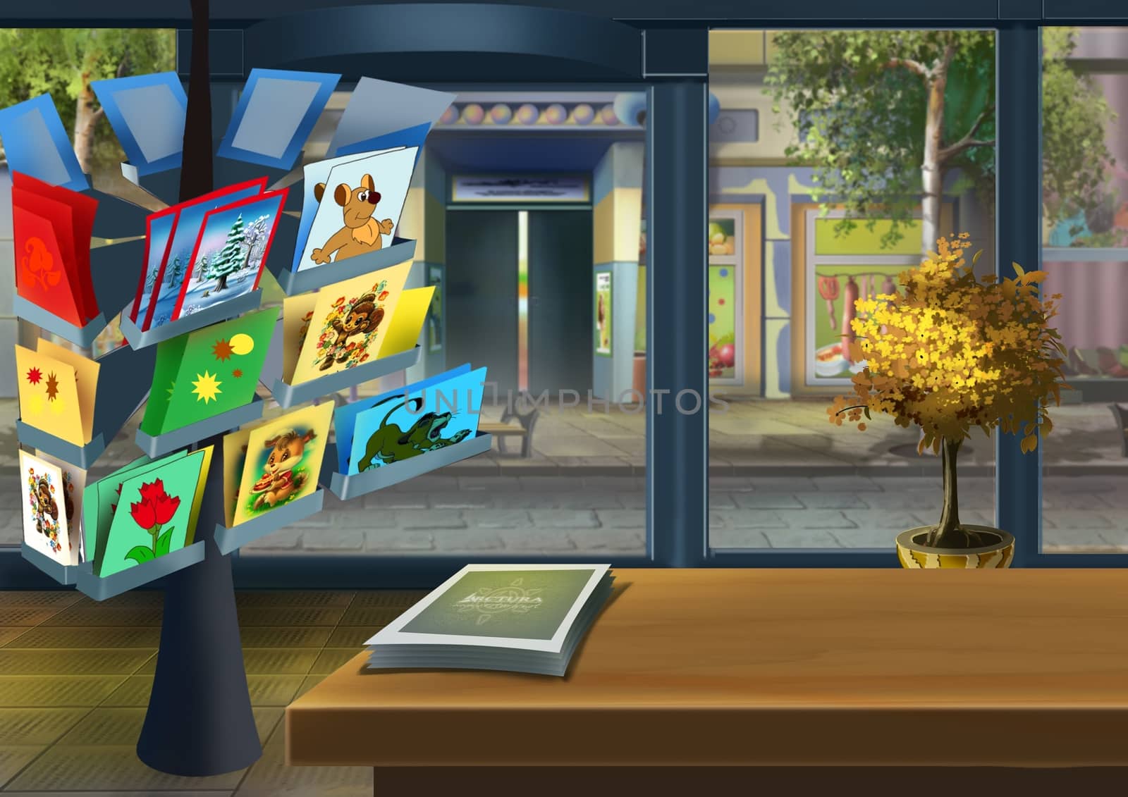 Digital painting of the stand with the postcards in the store.
