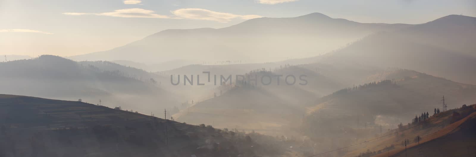 Morning light in mountains. Sunlight in mountains. Carpathians, Ukraine.