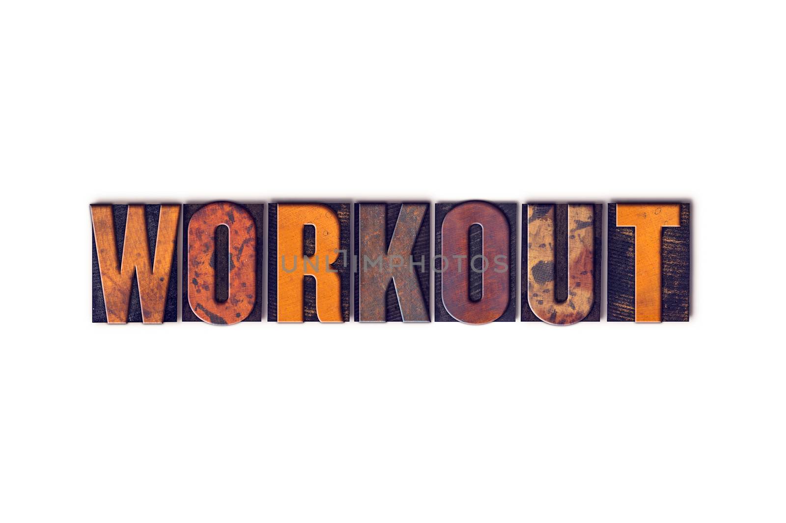 The word "Workout" written in isolated vintage wooden letterpress type on a white background.