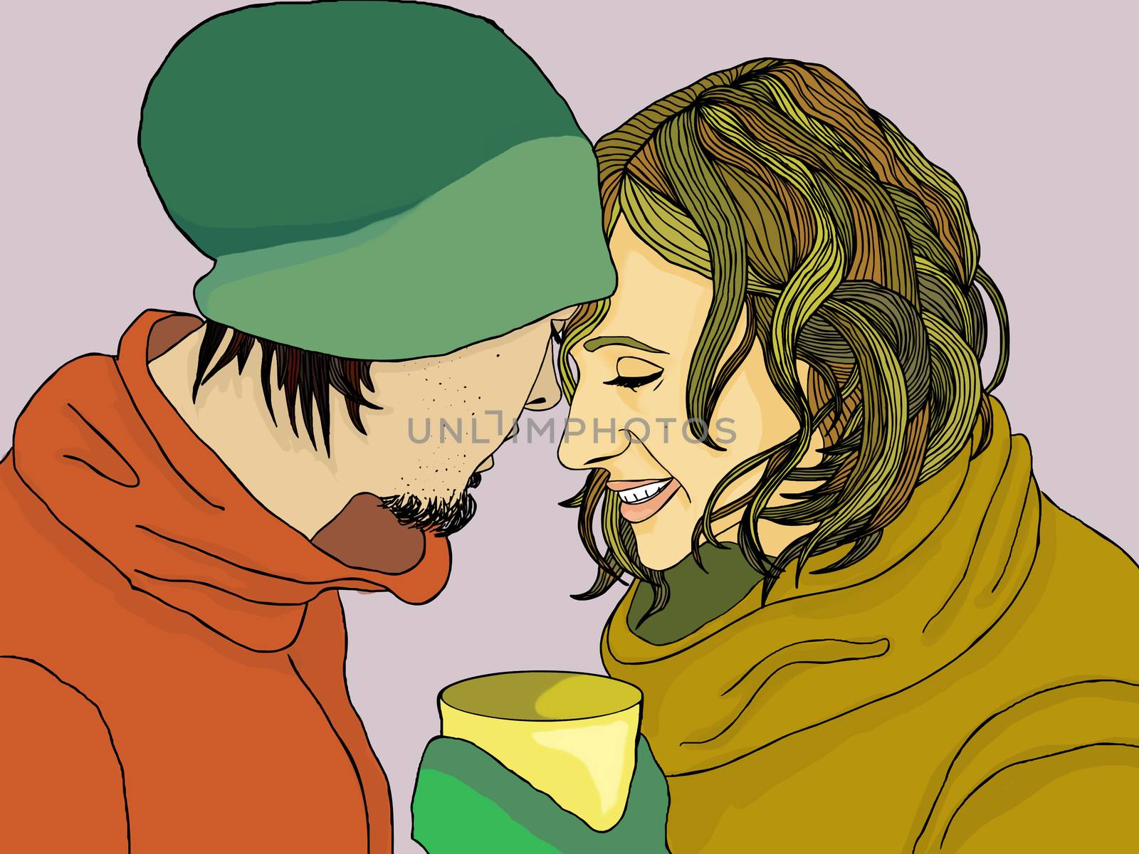  romantic couple in winter clothes ith cup portrait