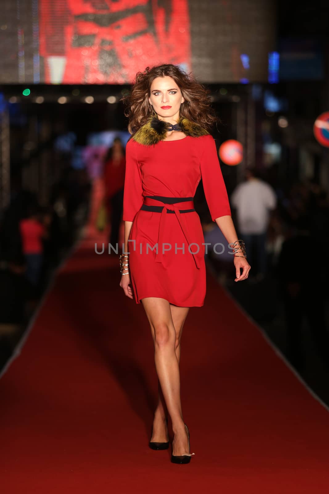 ISTANBUL, TURKEY - AUGUST 25, 2015: A model showcases one of the latest creations in Laleli Fashion Shopping Festival