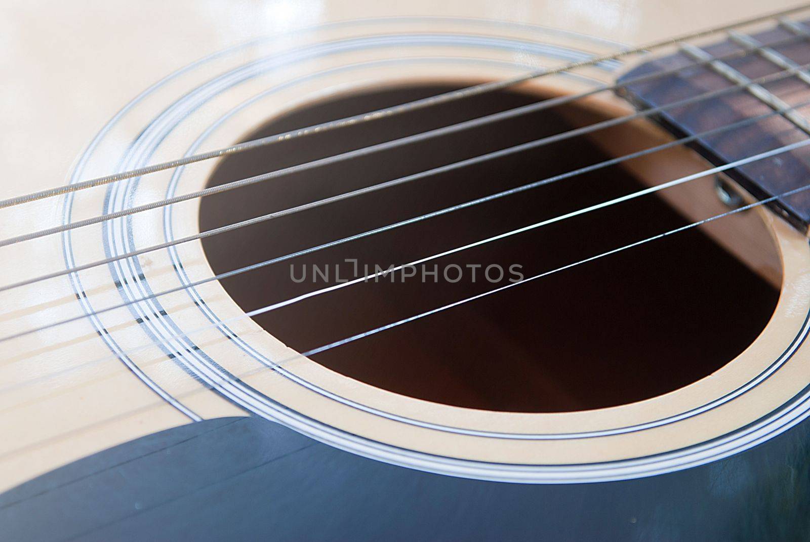 Acoustic guitar, focus on strings above sound hole by rakoptonLPN