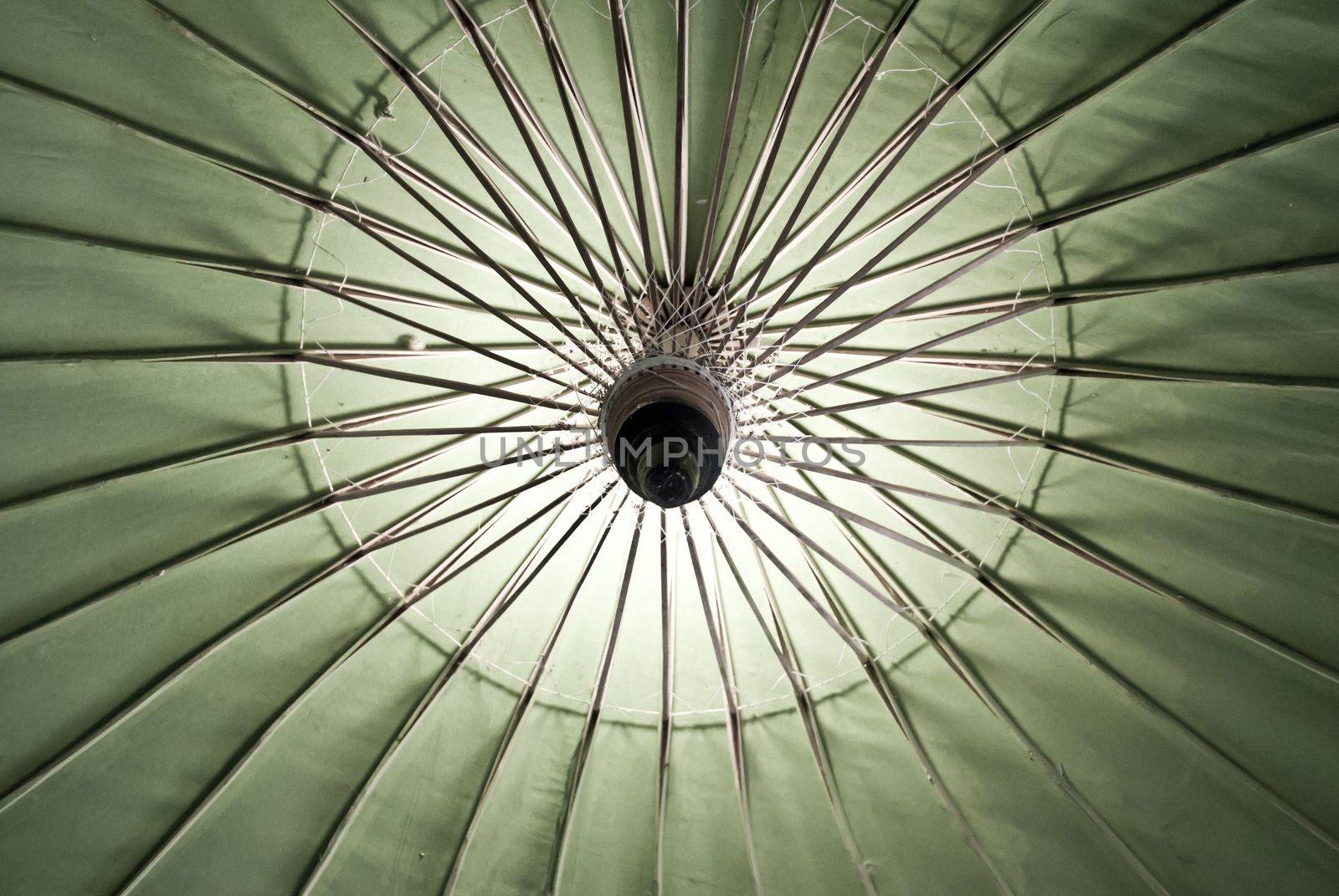 Under green umbrella with lighting downlight, vintage tone