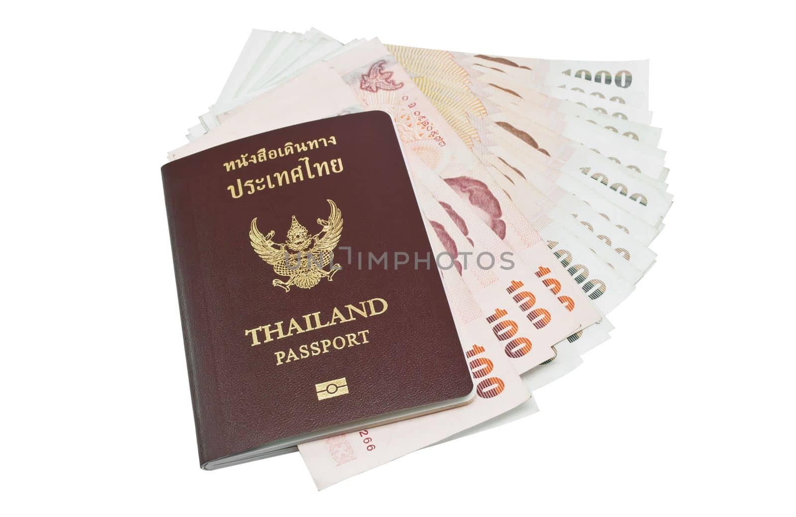 Thailand passport with Thai money ready to travel on white backg by rakoptonLPN