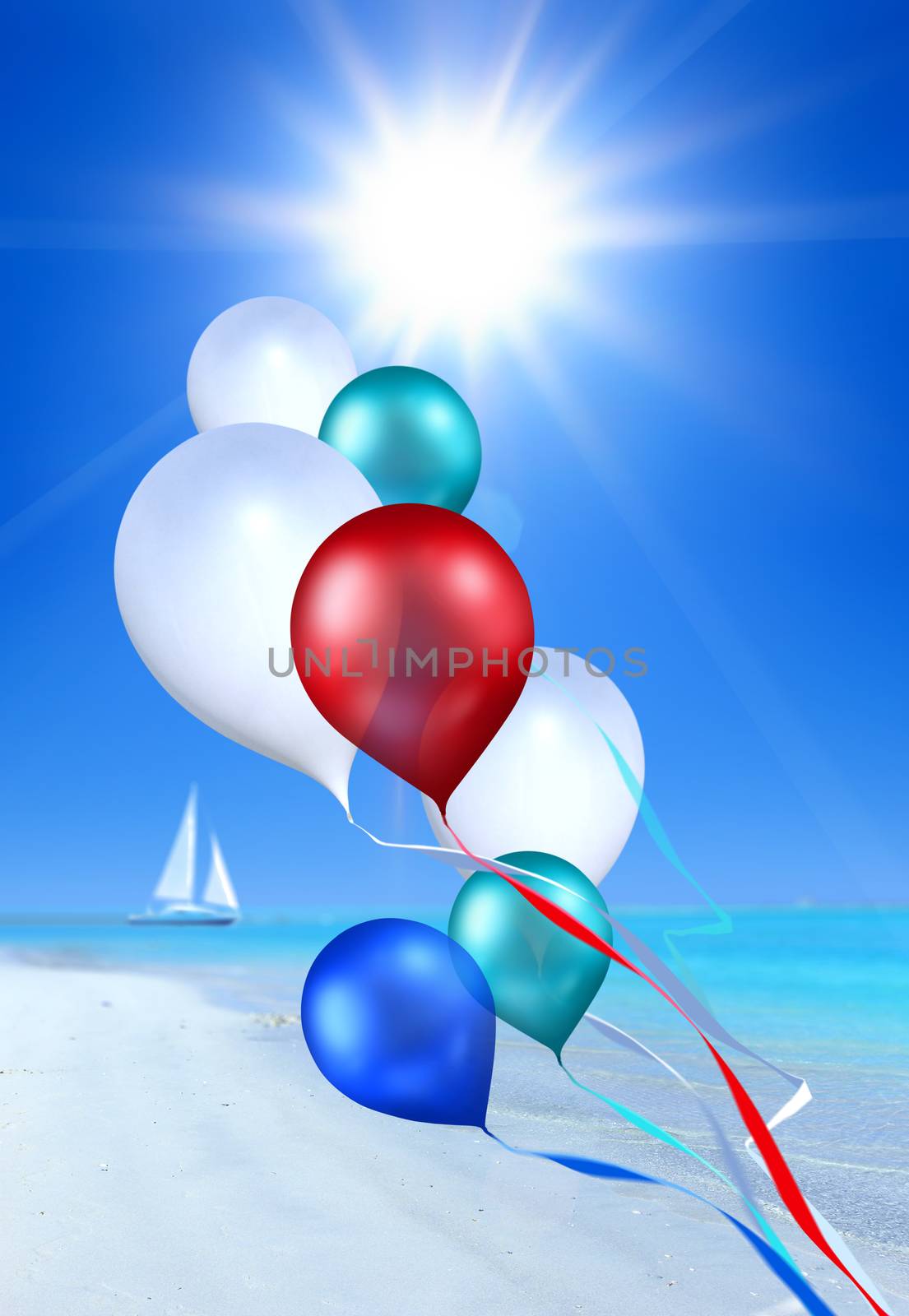 toy balloons soaring in the blue sky over sea