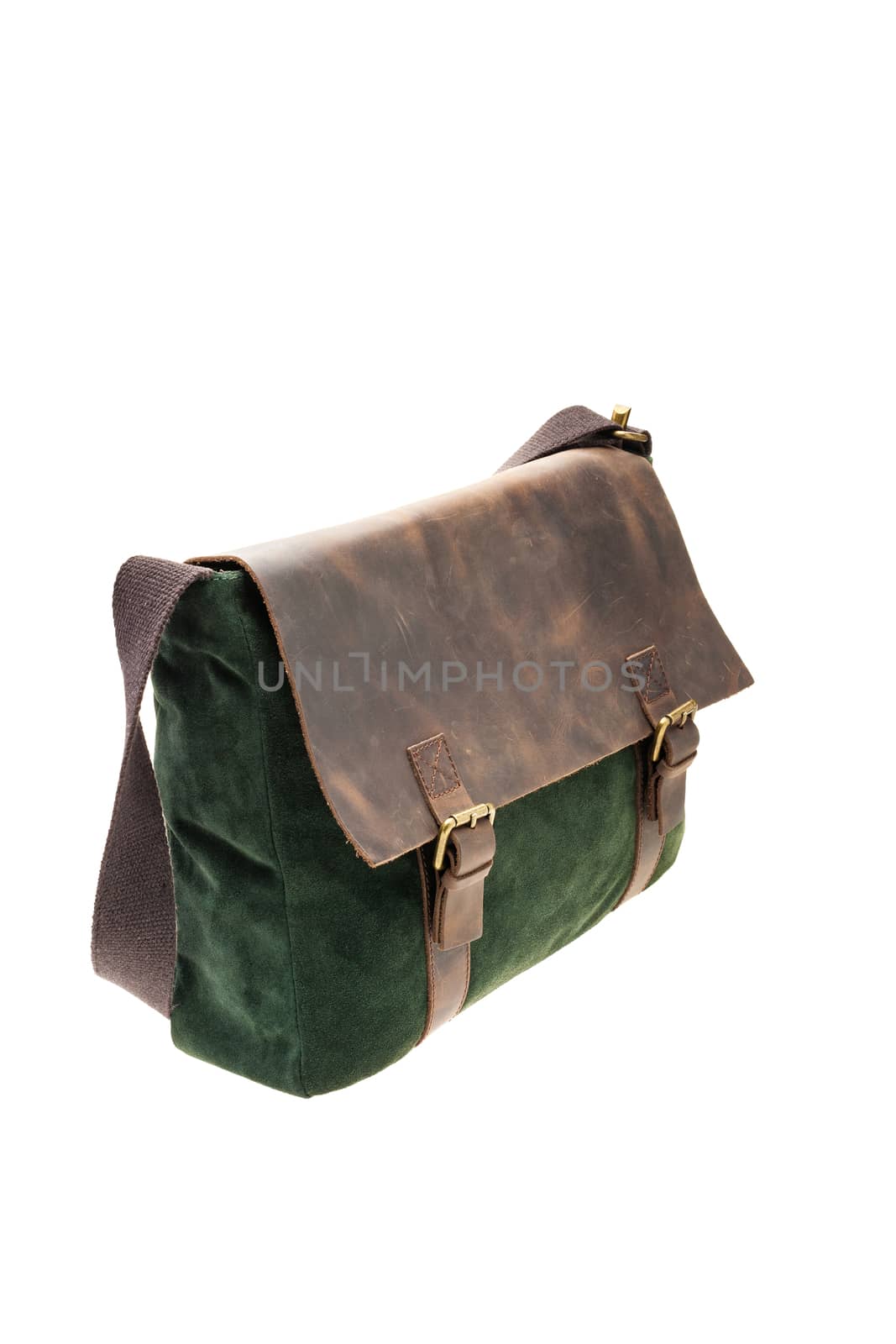 New Green and brown satchel bag isolated on white background.