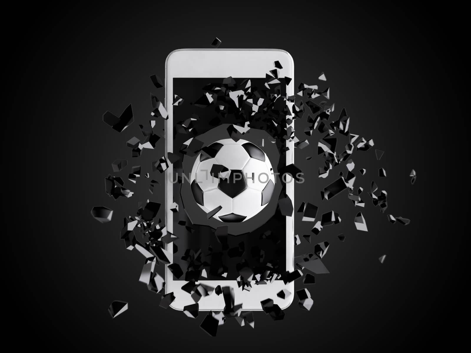 soccer burst out of the smartphone, technology background