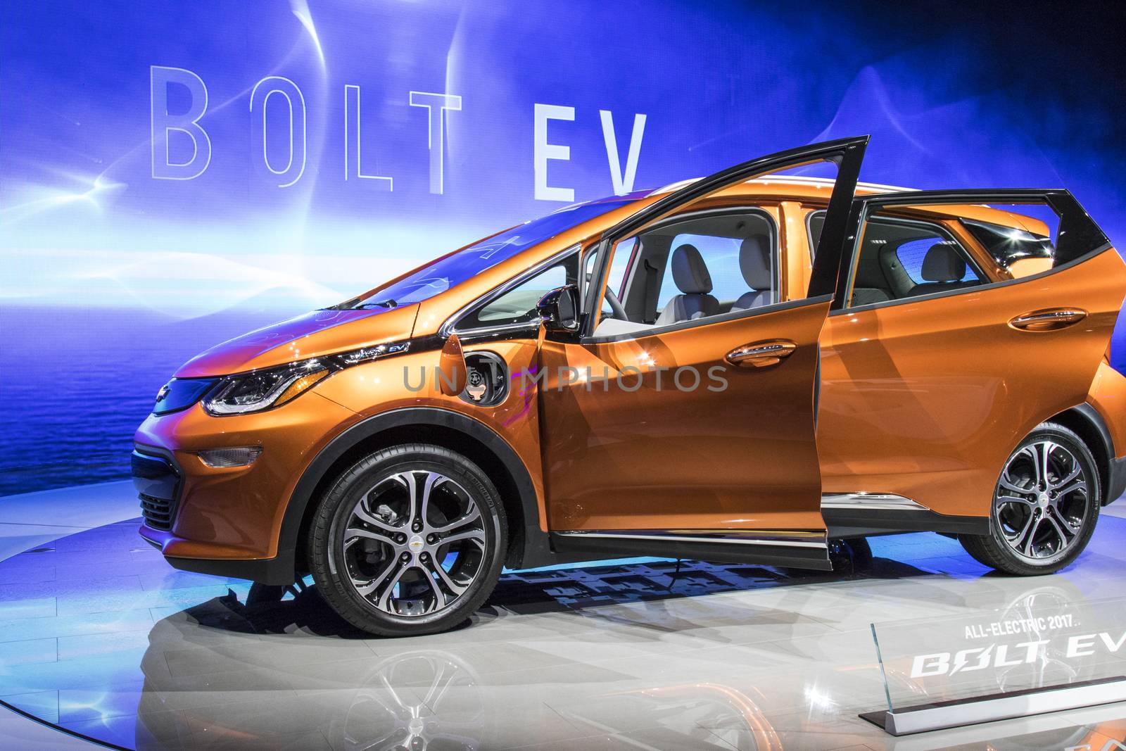 DETROIT - JANUARY 17 :The 2017 Chevrolet Bolt EV at The North American International Auto Show January 17, 2016 in Detroit, Michigan.