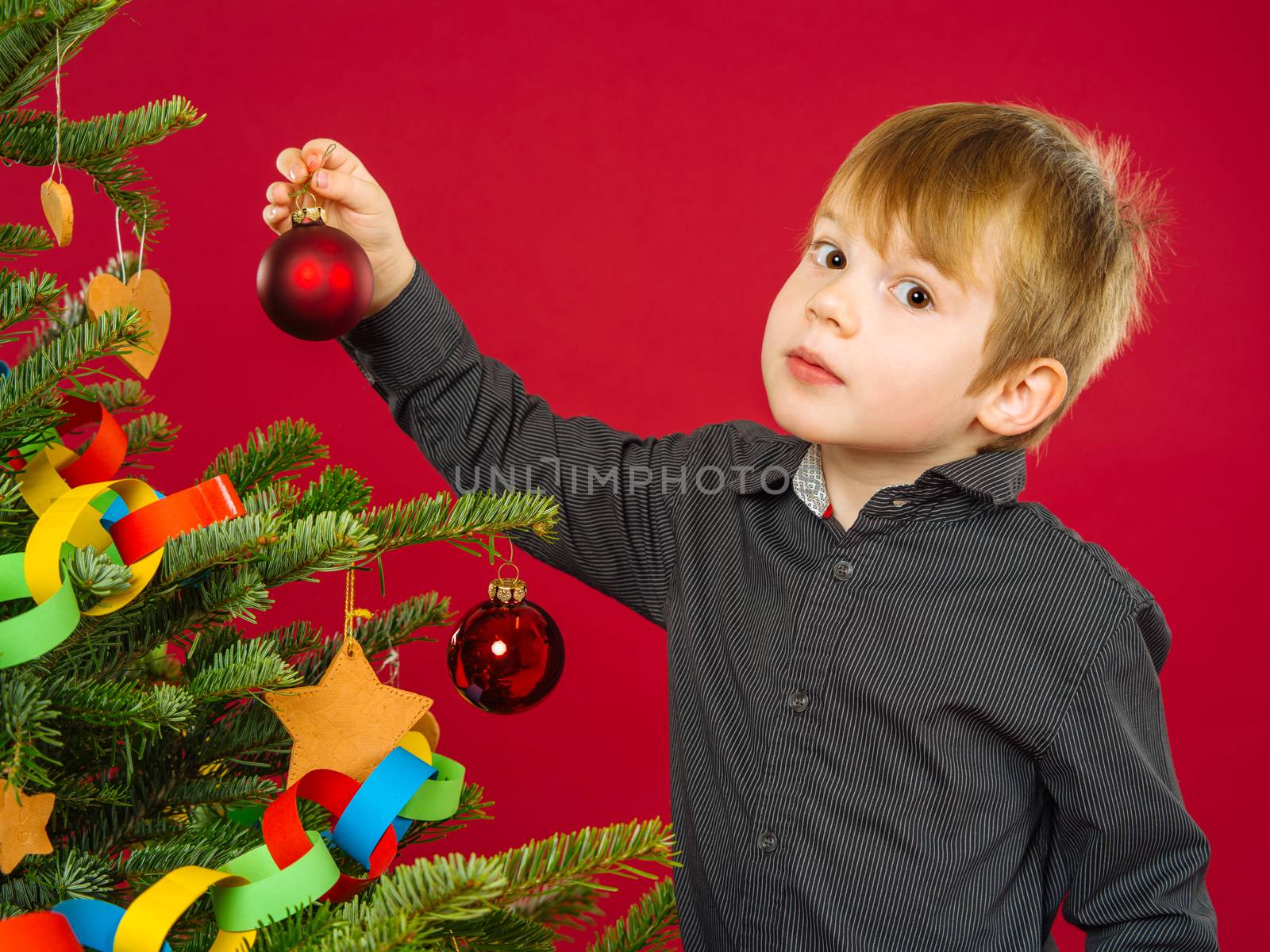 Young boy hanging Christmas tree decorations by sumners