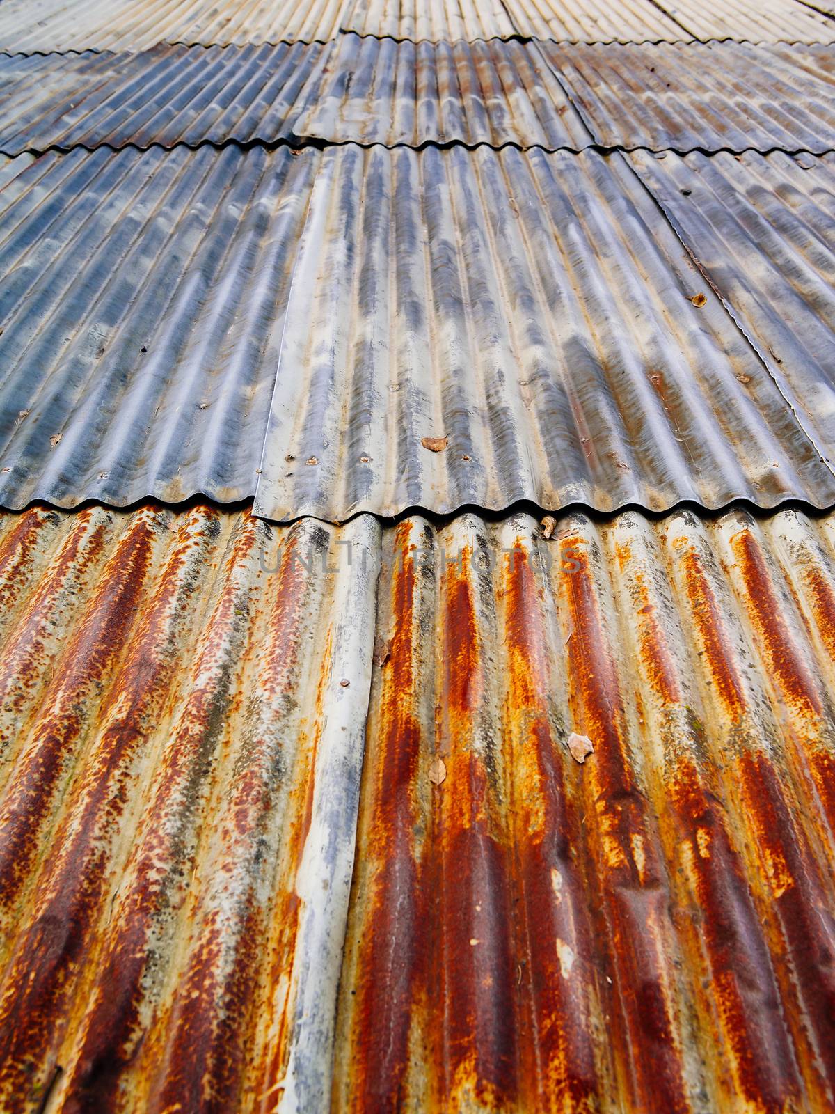 Photo of a rusty corrugated metal roof at an angle.