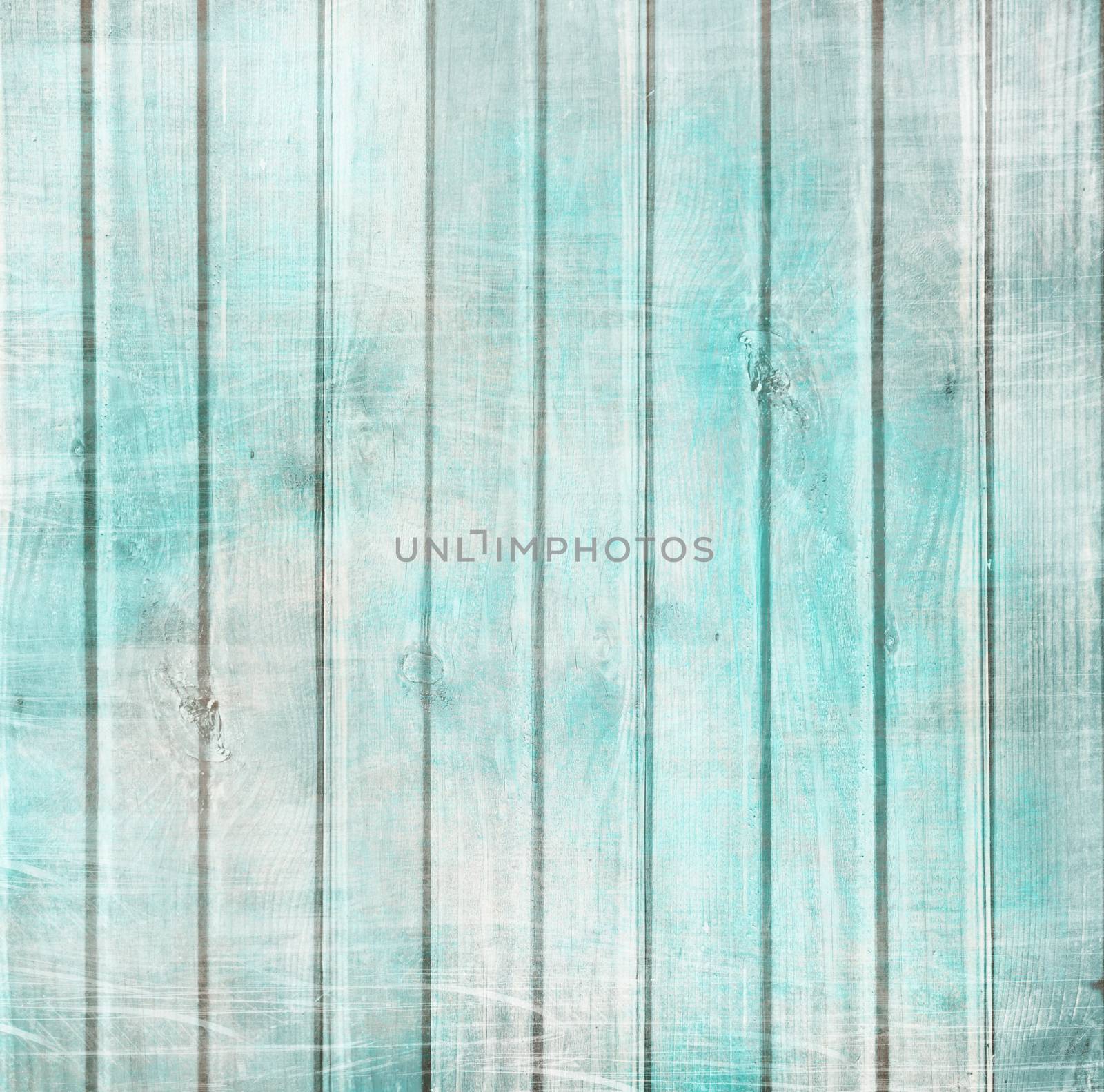 Rustic old plank background in turquoise, mint and beige colors with textured scratches and antique cracked paint for scrapbooking and decoupage