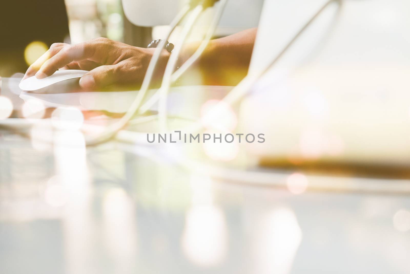 Image of People using computer double exposure and blurred view of car on street at night