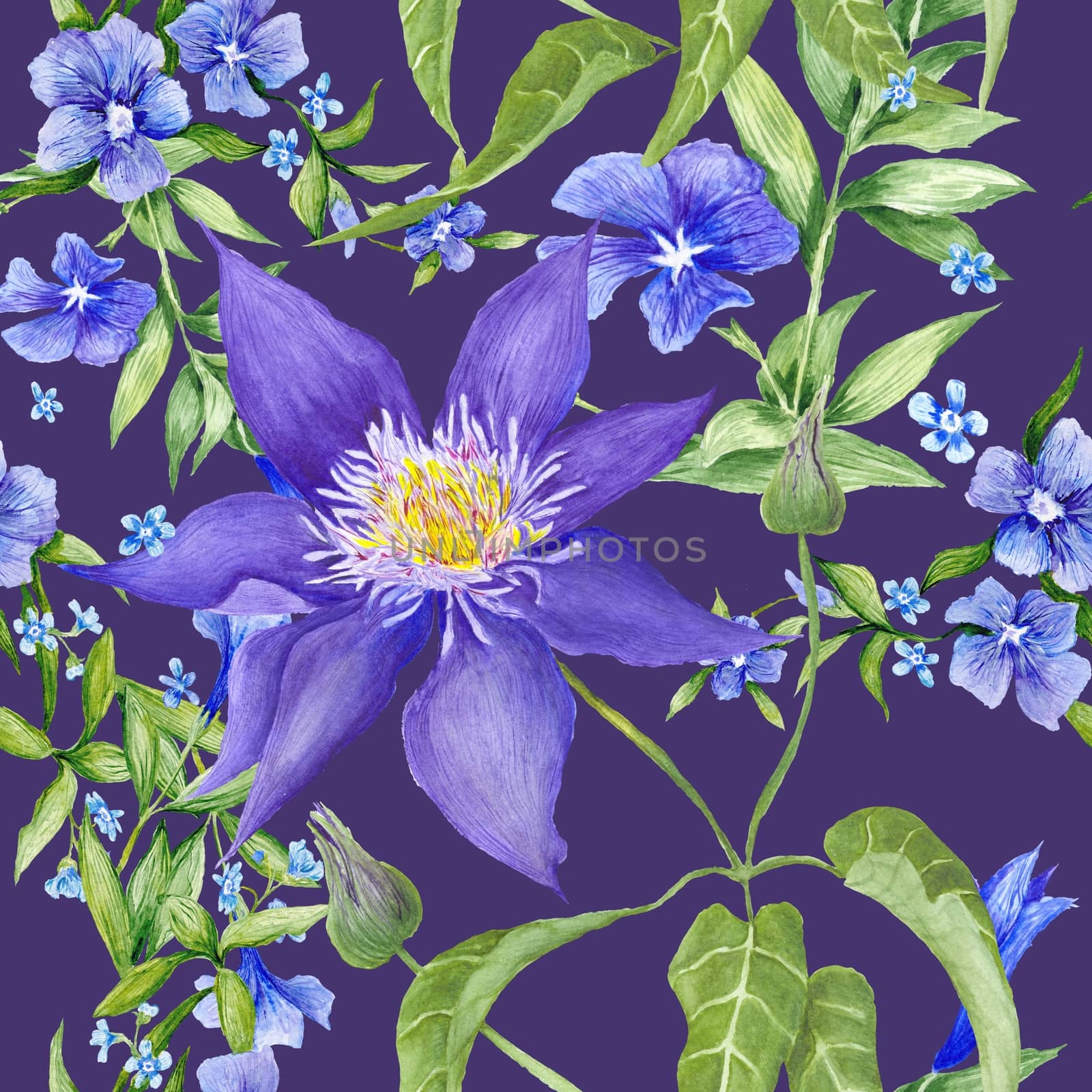 Watercolor seamless texture with garden flowers - periwinkle and clematis on purple background 