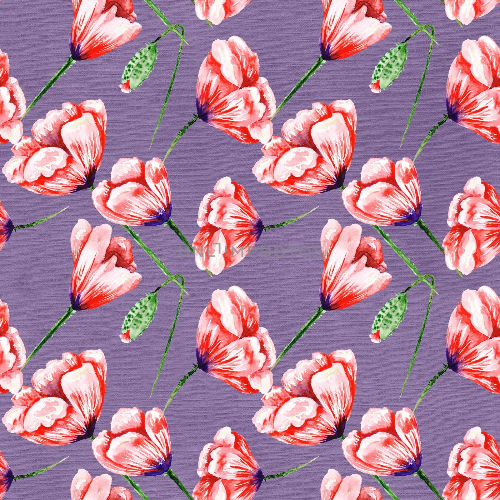 Poppy watercolor pattern on purple background by kisika