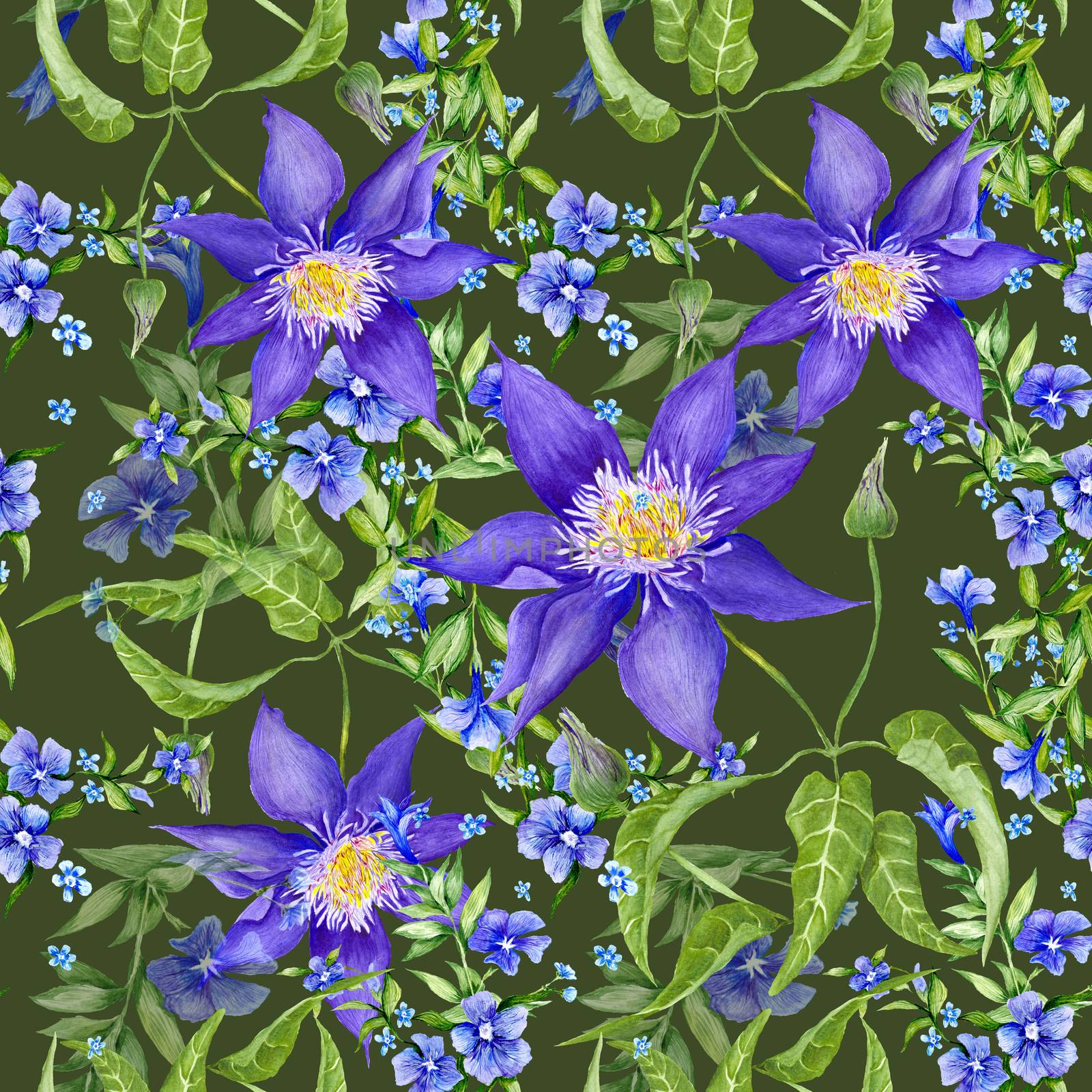 Seamless watercolor pattern with purple clematis and periwinkle flowers for decor