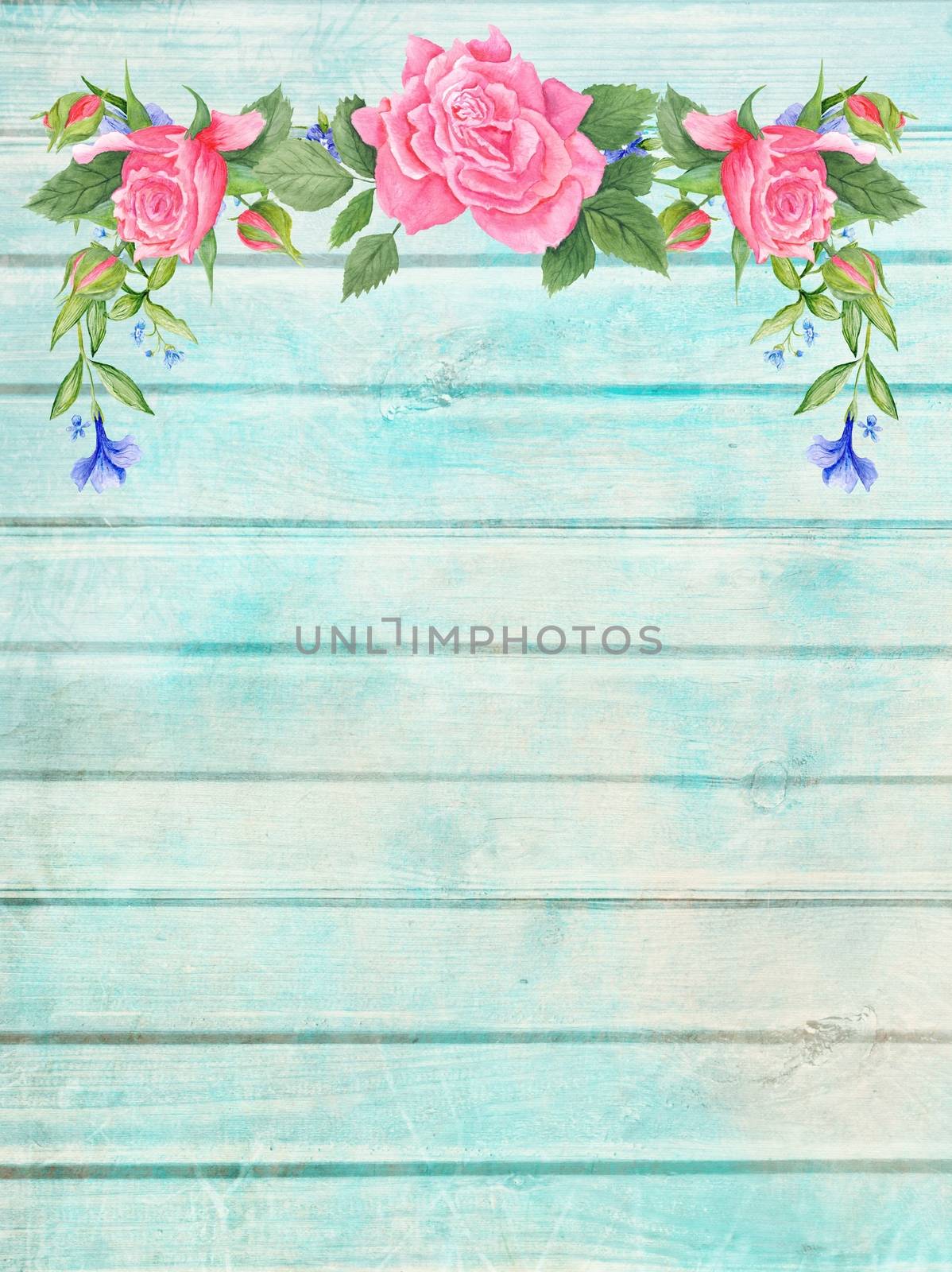 Vintage plank texture with watercolor botanical rose  wreath 