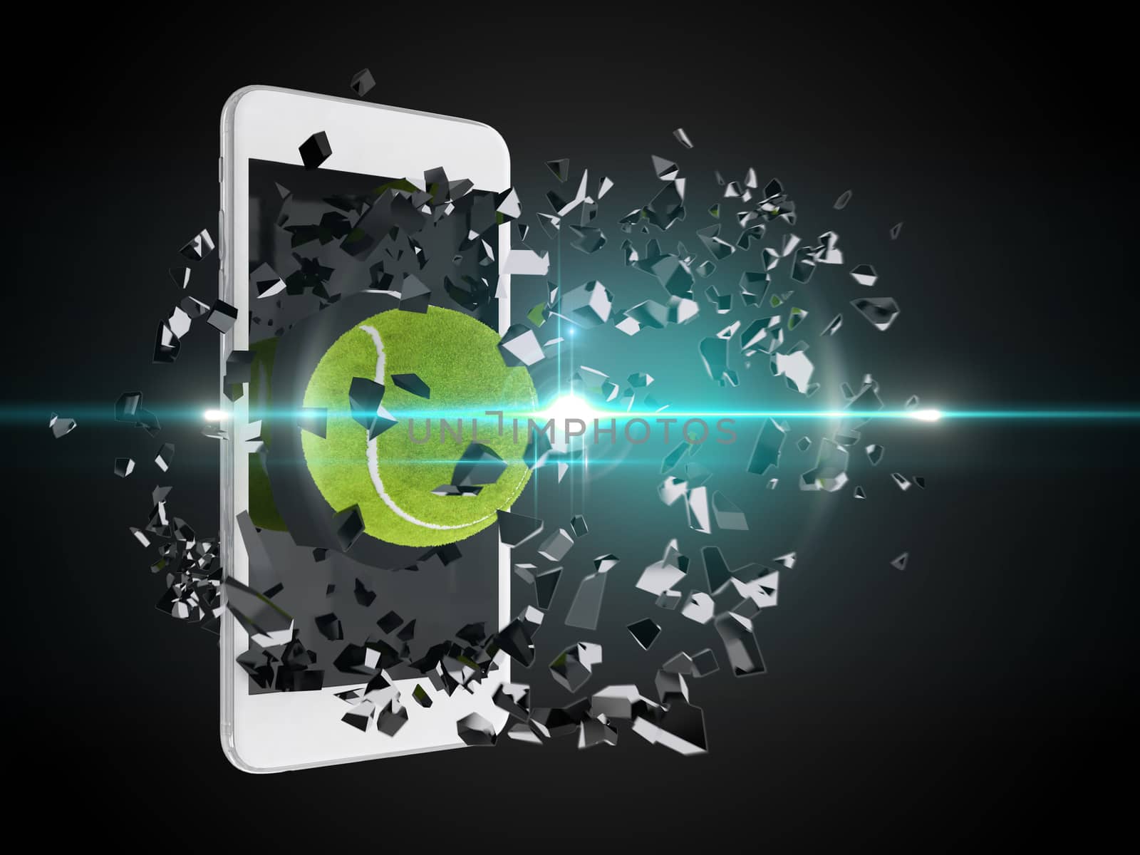 tennis ball burst out of the smartphone, technology background