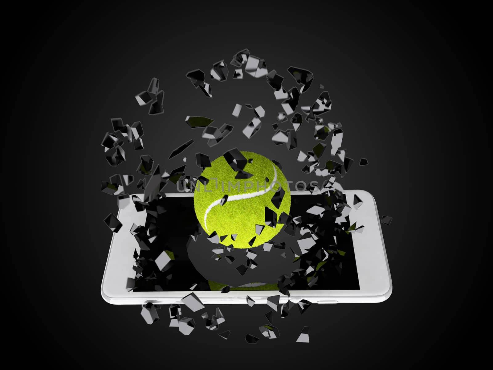 tennis ball burst out of the smartphone, technology background