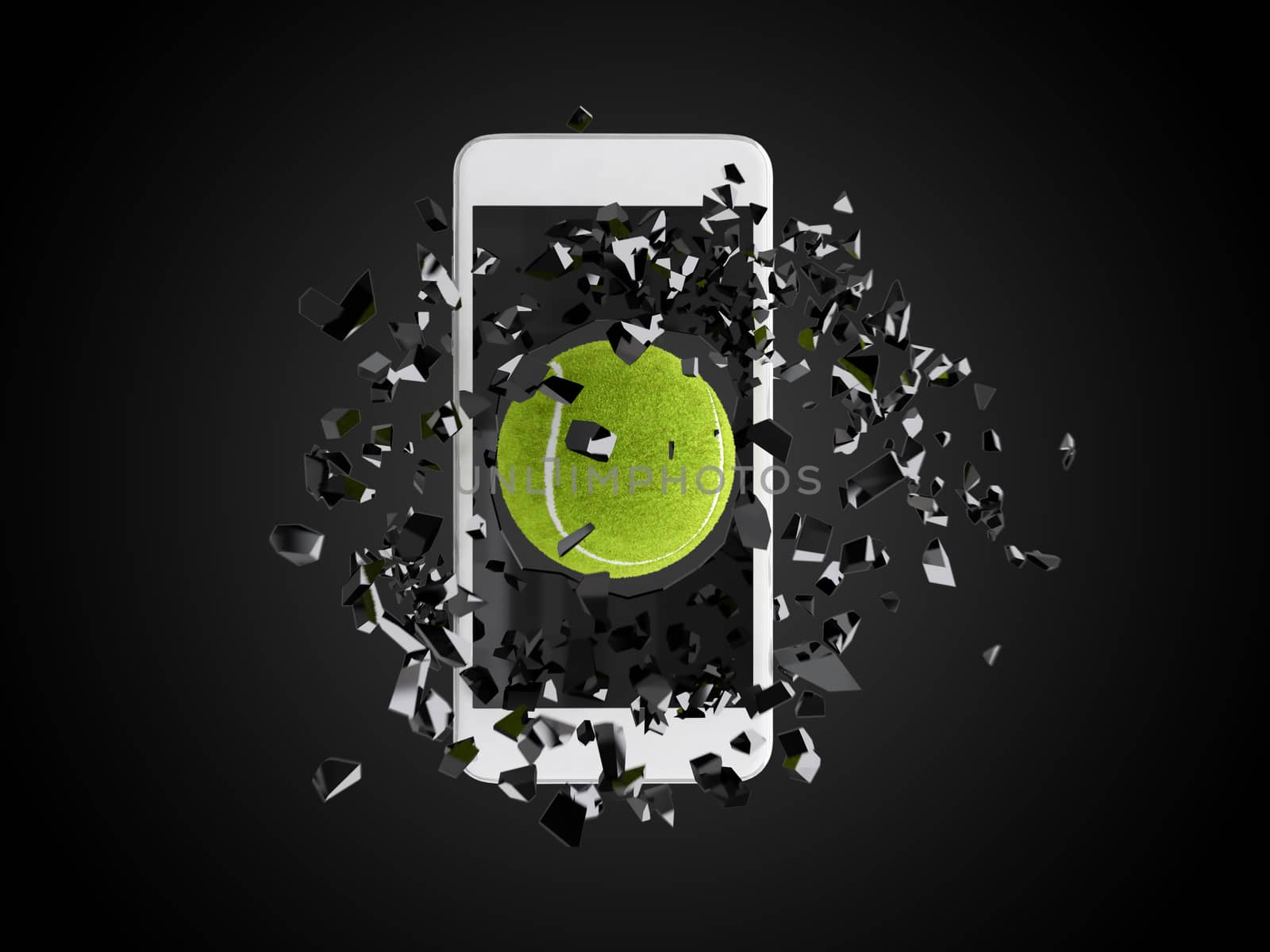 tennis ball burst out of the smartphone, technology background