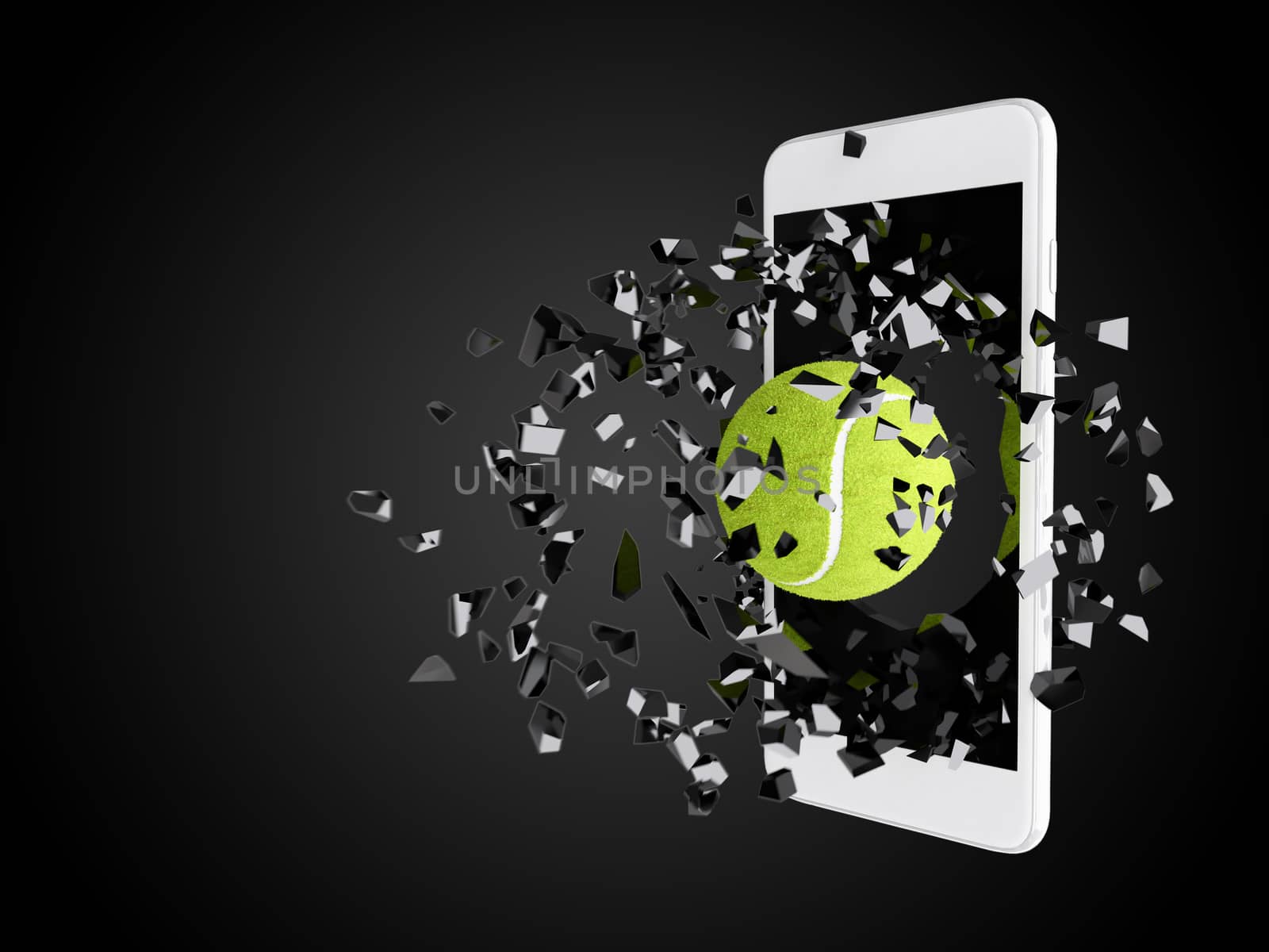 tennis ball burst out of the smartphone, technology background