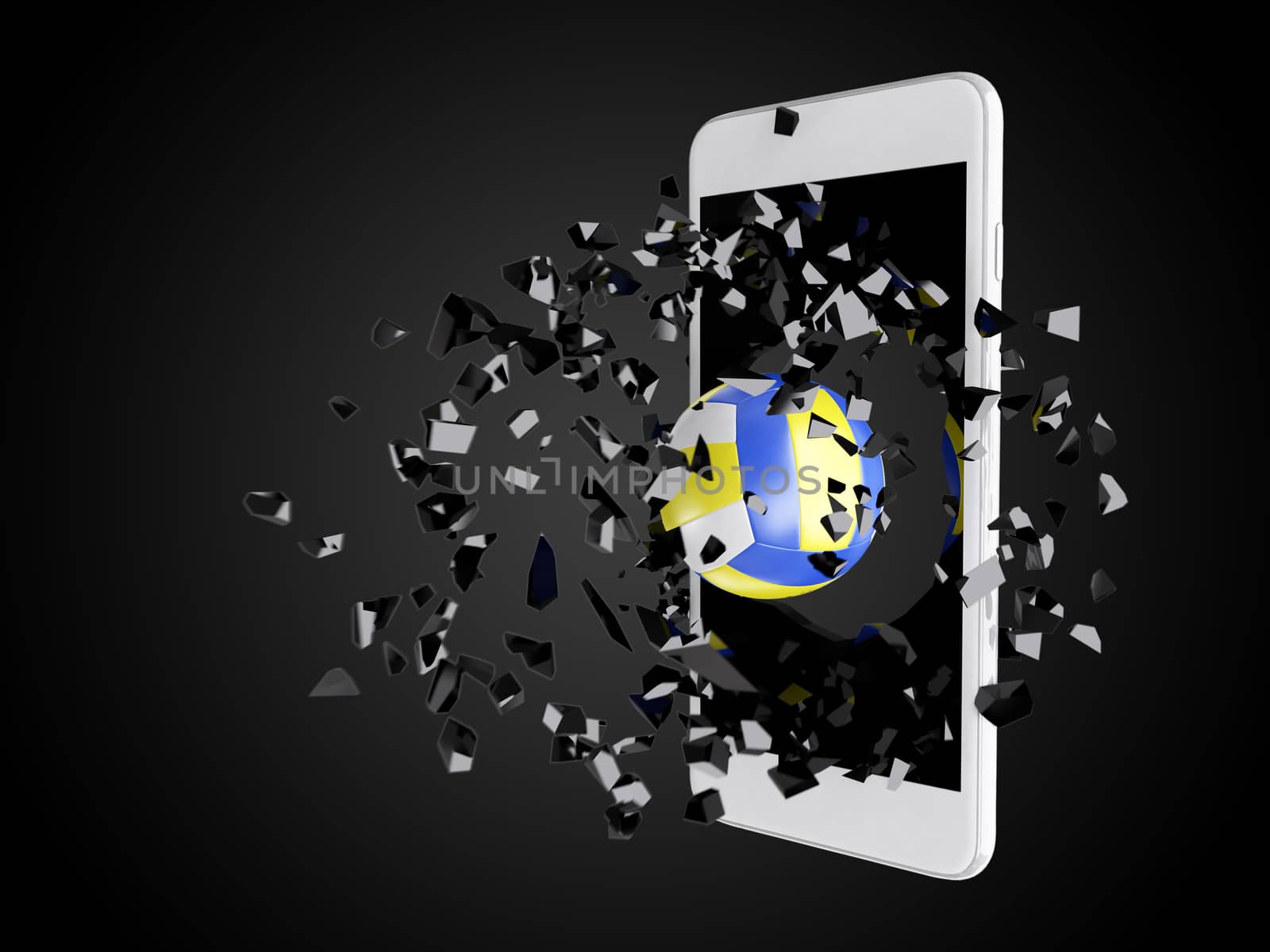 volleyball burst out of the smartphone, technology background