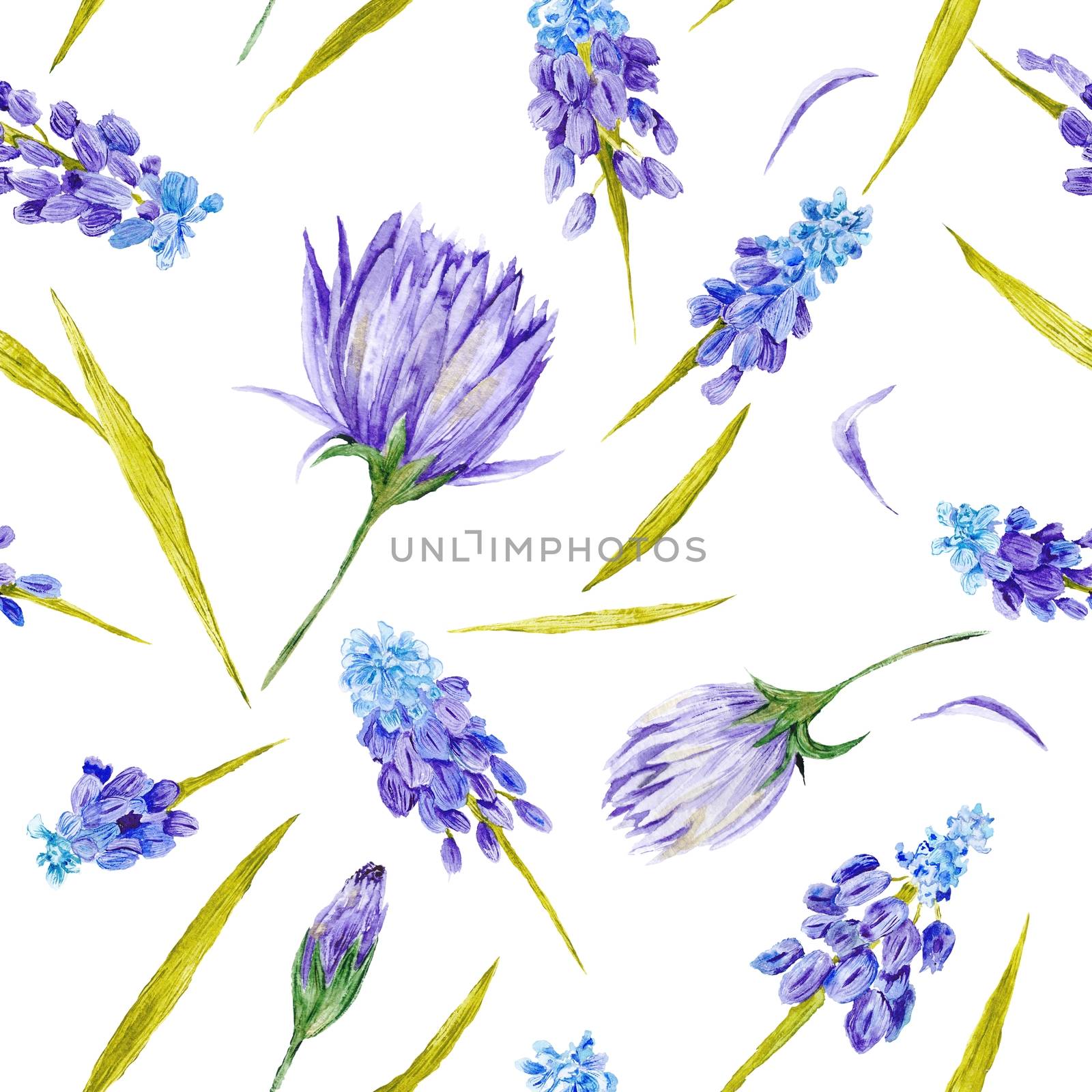 Seamless hand-painted watercolor illustration with purple flowers and green leaves on white background