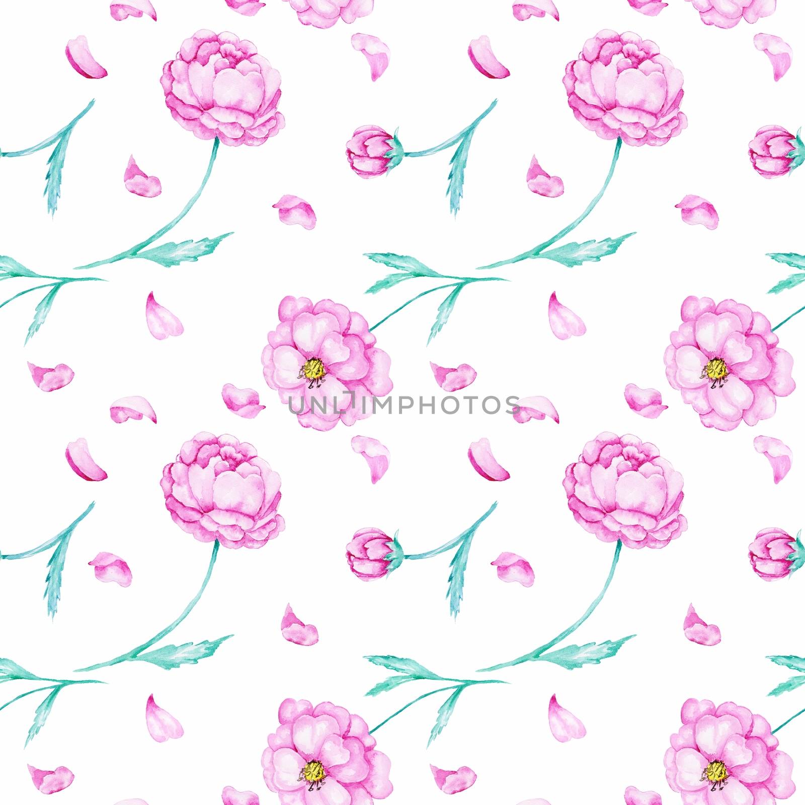 Pattern with hand-painted peony flowers for romantic design