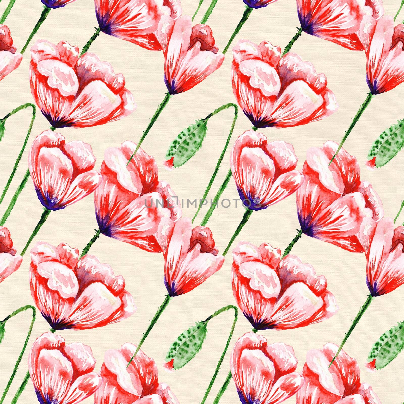 Vintage poppy pattern on linen watercolor paper by kisika