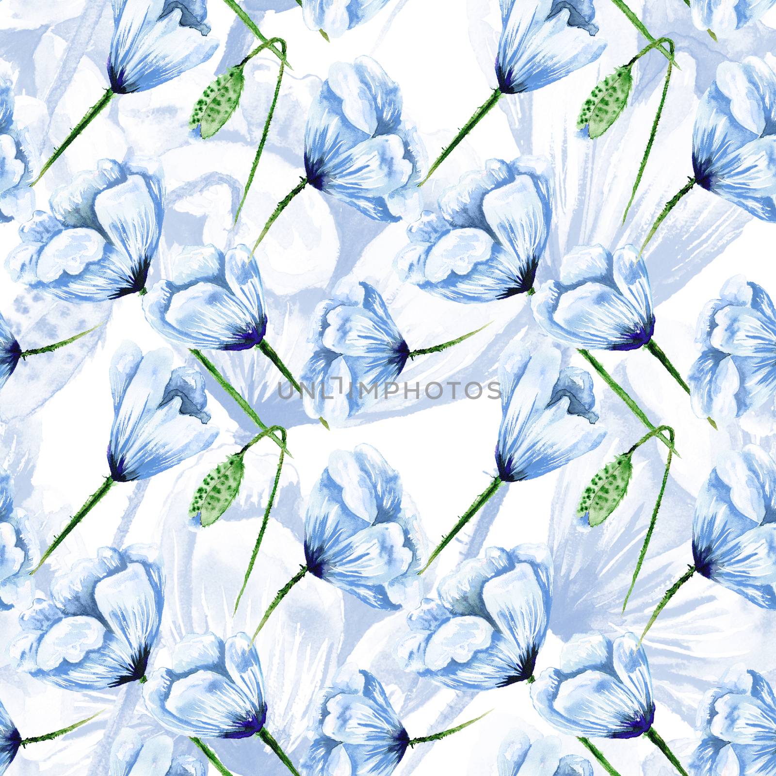 Blue watercolor poppy pattern by kisika