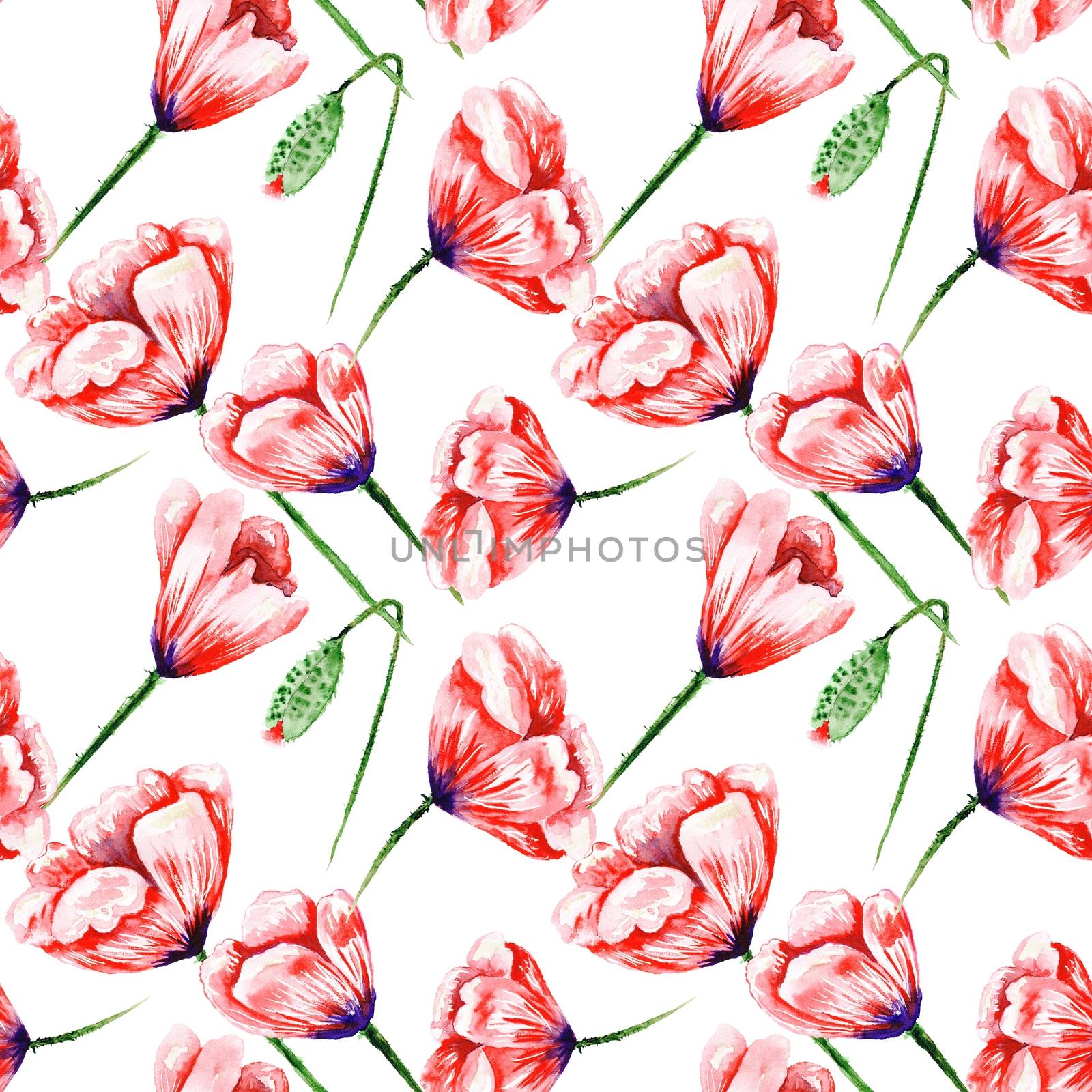 Beautiful hand-painted watercolor seamless background with red flowers for textile and wallpaper design, wedding style, romantic and passion
