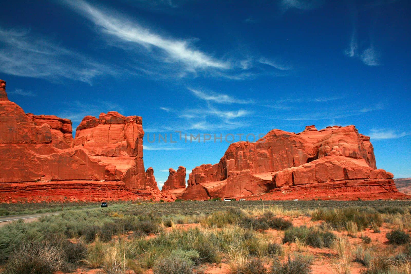 Park Avenue red rock formations sculpted from Entrada Strata in the Arches National Park.