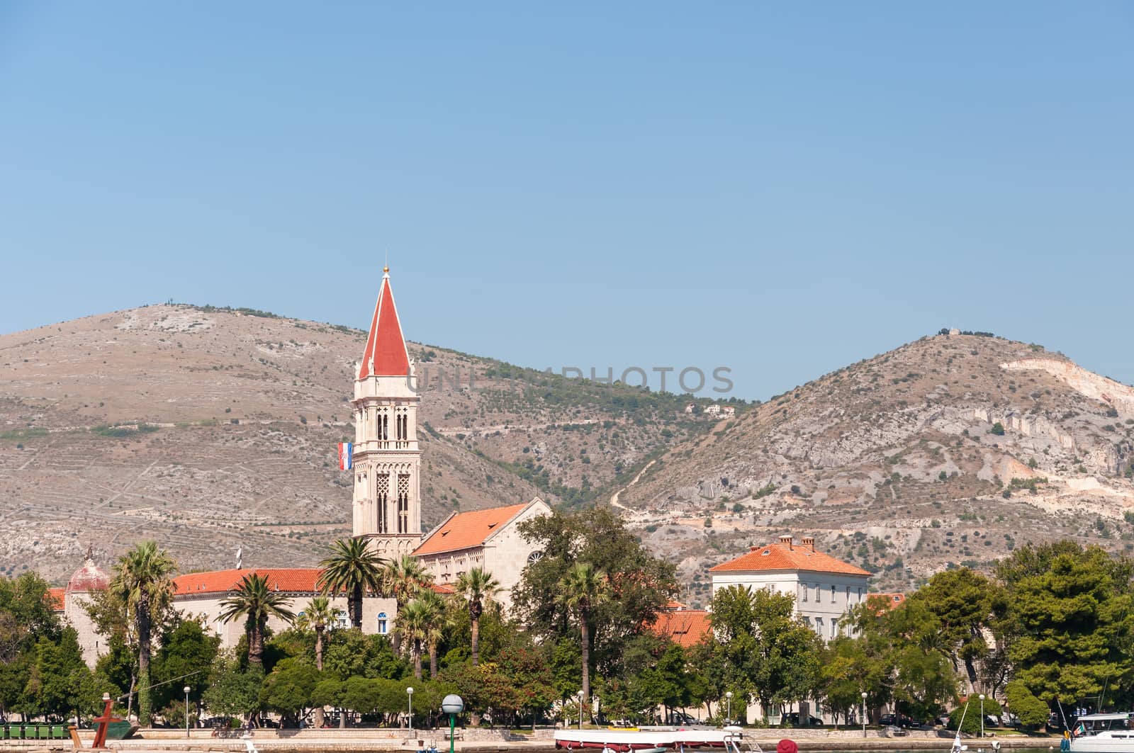 Old town of Trogir in Croatia with mountains in the background