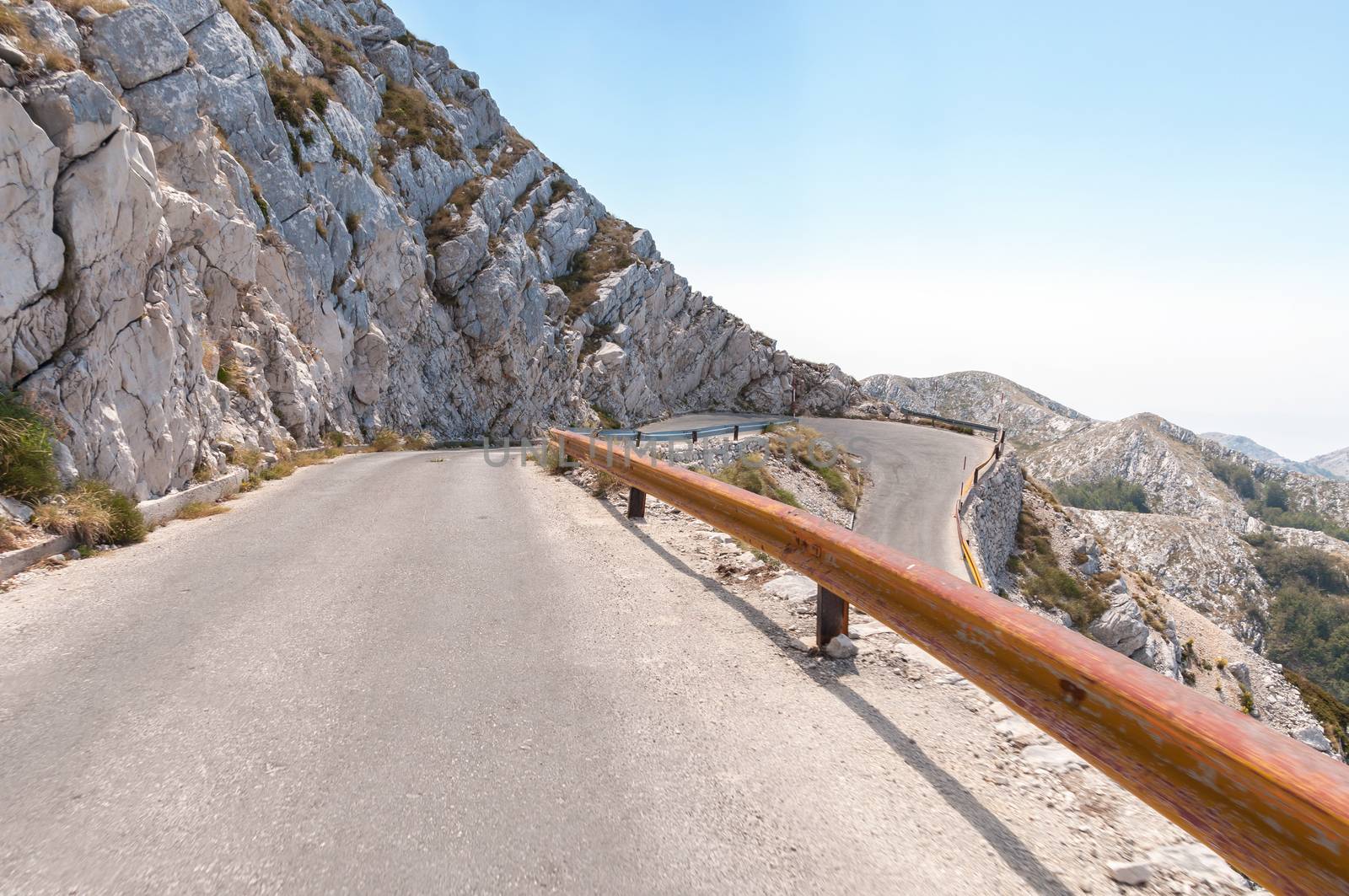 Curve on winding road in Biokovo Mountains, Croatia.