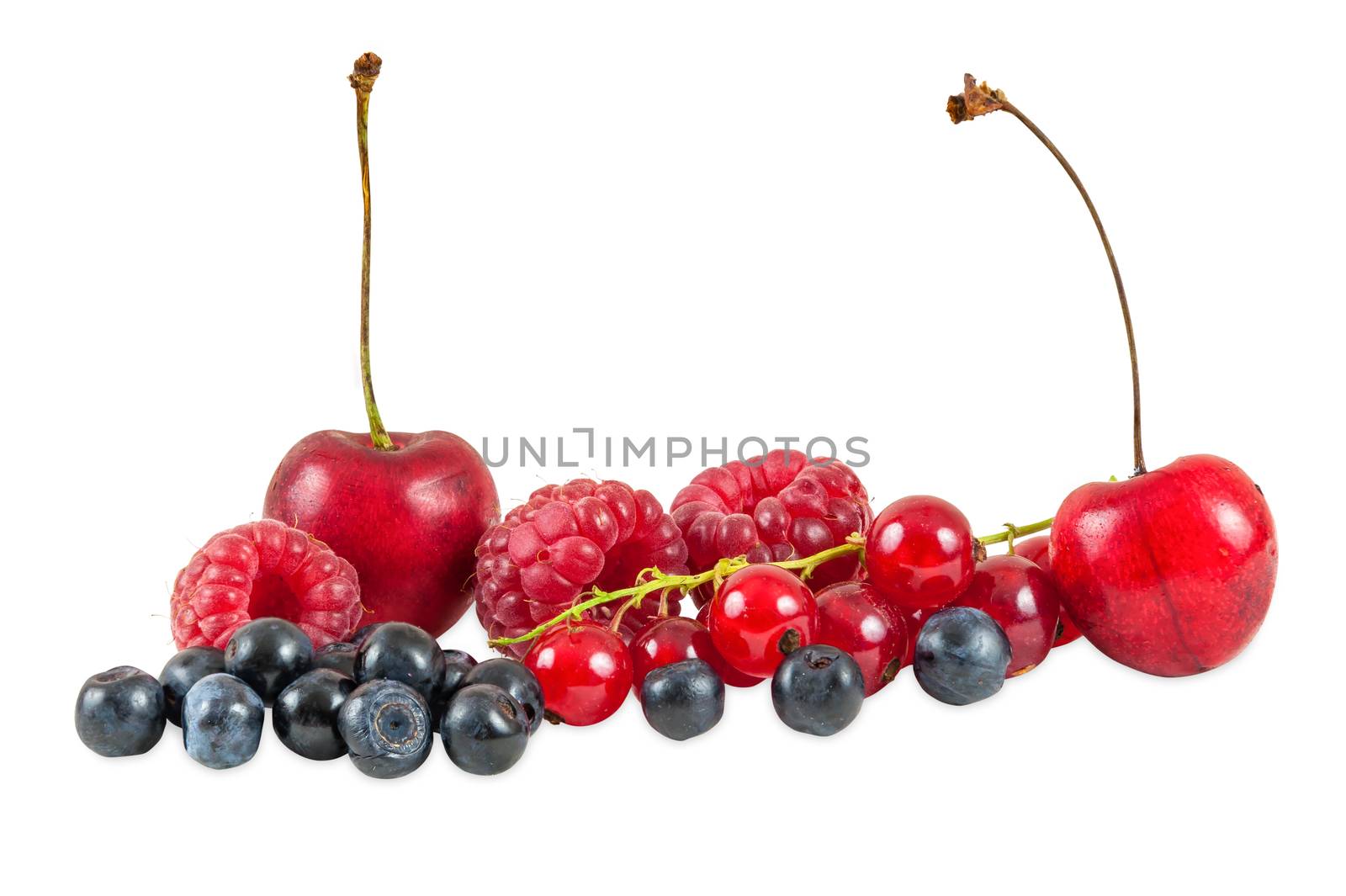 Raspberries, blueberries, red currant and gean cherry berries isolated on white background with clipping path