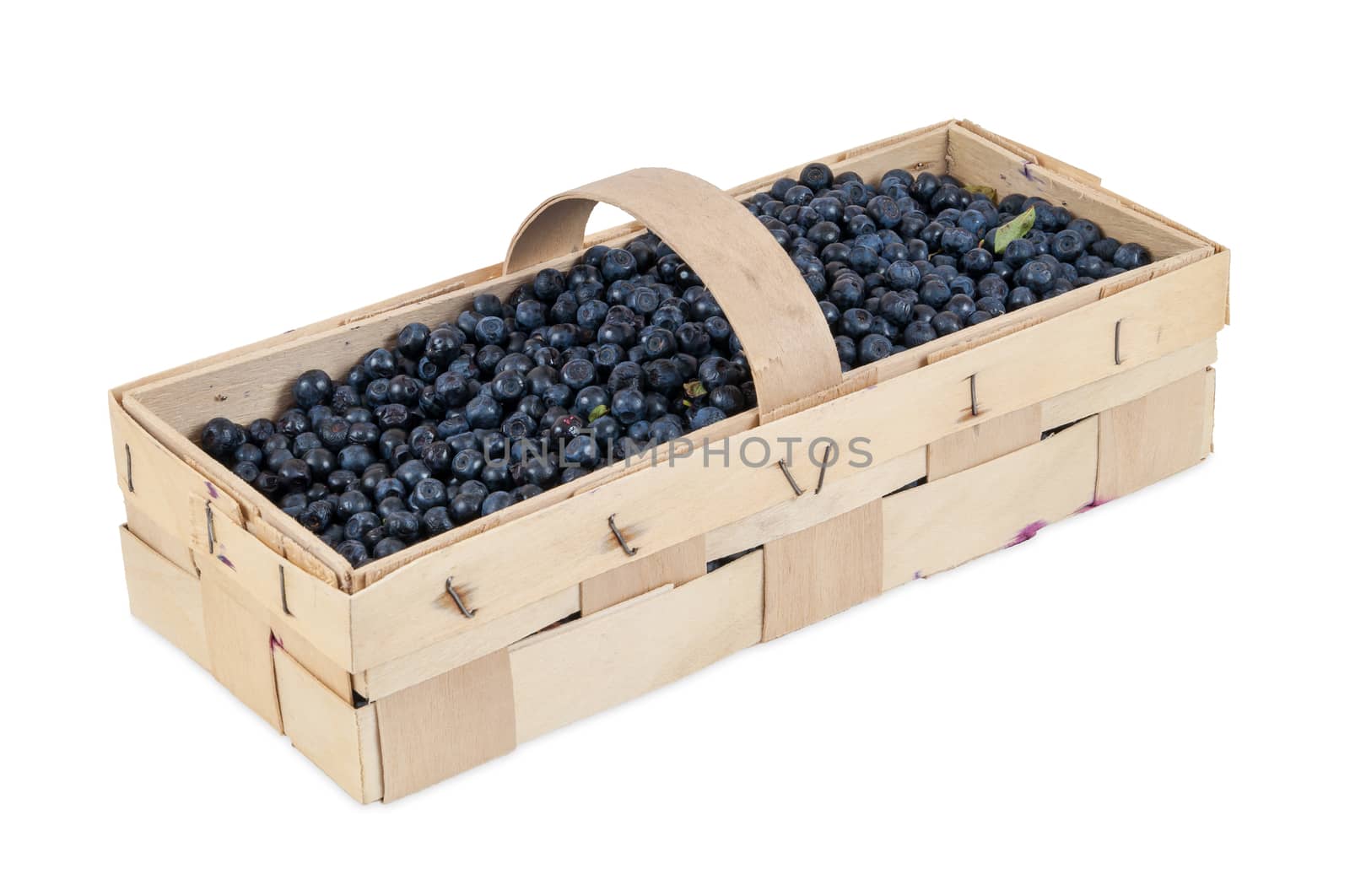 Basket of fresh blueberries isolated on white background with clipping path