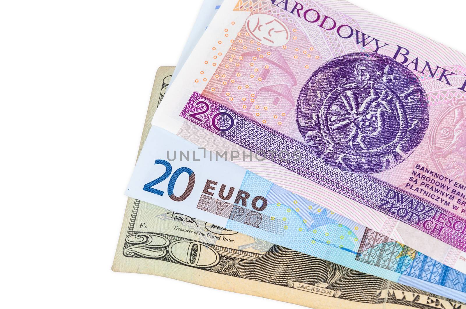 Banknotes of 20 dollars euro and polish zloty isolated on white background with clipping path