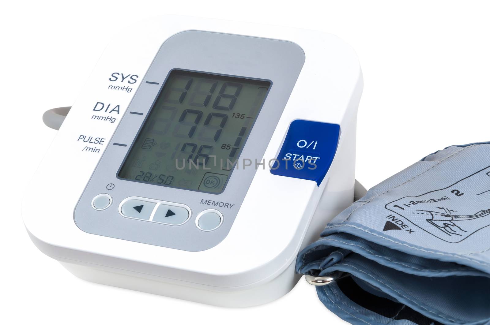 Digital blood pressure monitor on white background by mkos83