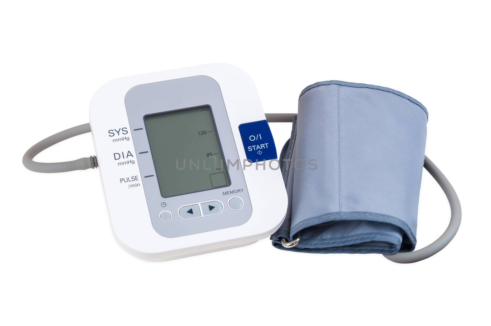 Digital blood pressure monitor isolated on white background with clipping path