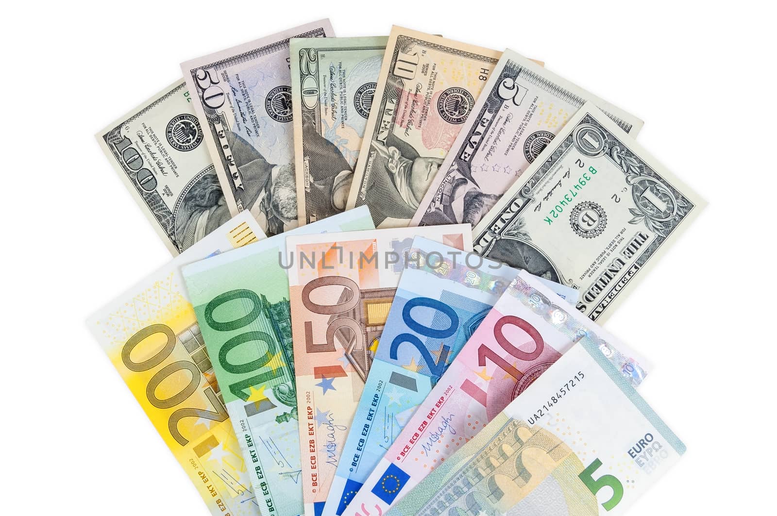 Dollar and euro banknotes isolated on white background with clipping path